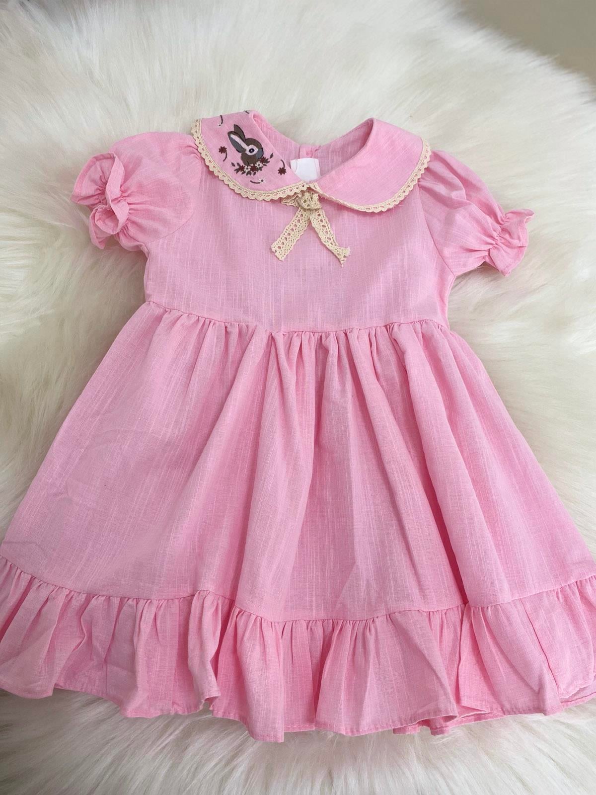 Bebe Yaka Tavşan Baskı Kız Çocuk Pamuklu Elbise Pembe (2-8 Yaş)