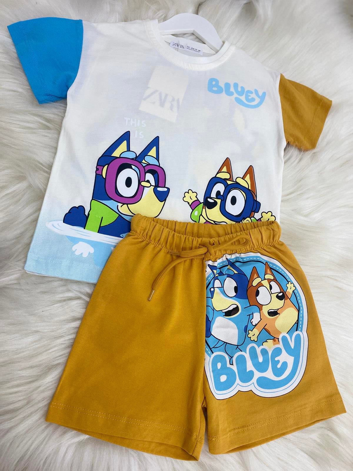 Bluey Şortlu Erkek Çocuk Pamuklu İkili Takım Mavi - Hardal (2-8 Yaş)