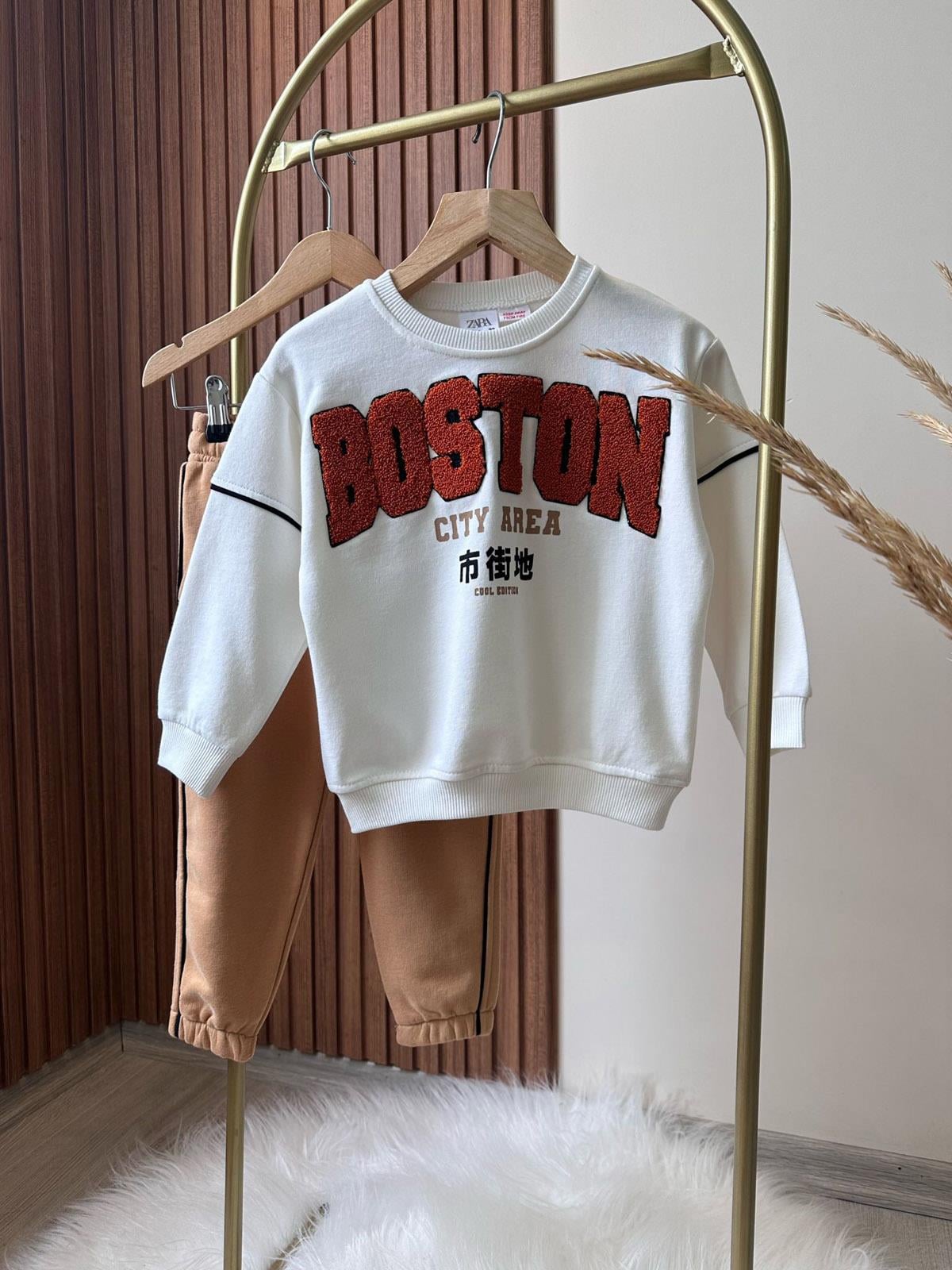 Boston Punch İşleme Unısex Çocuk Pamuklu İkili Takım Kahve (2-8 Yaş)