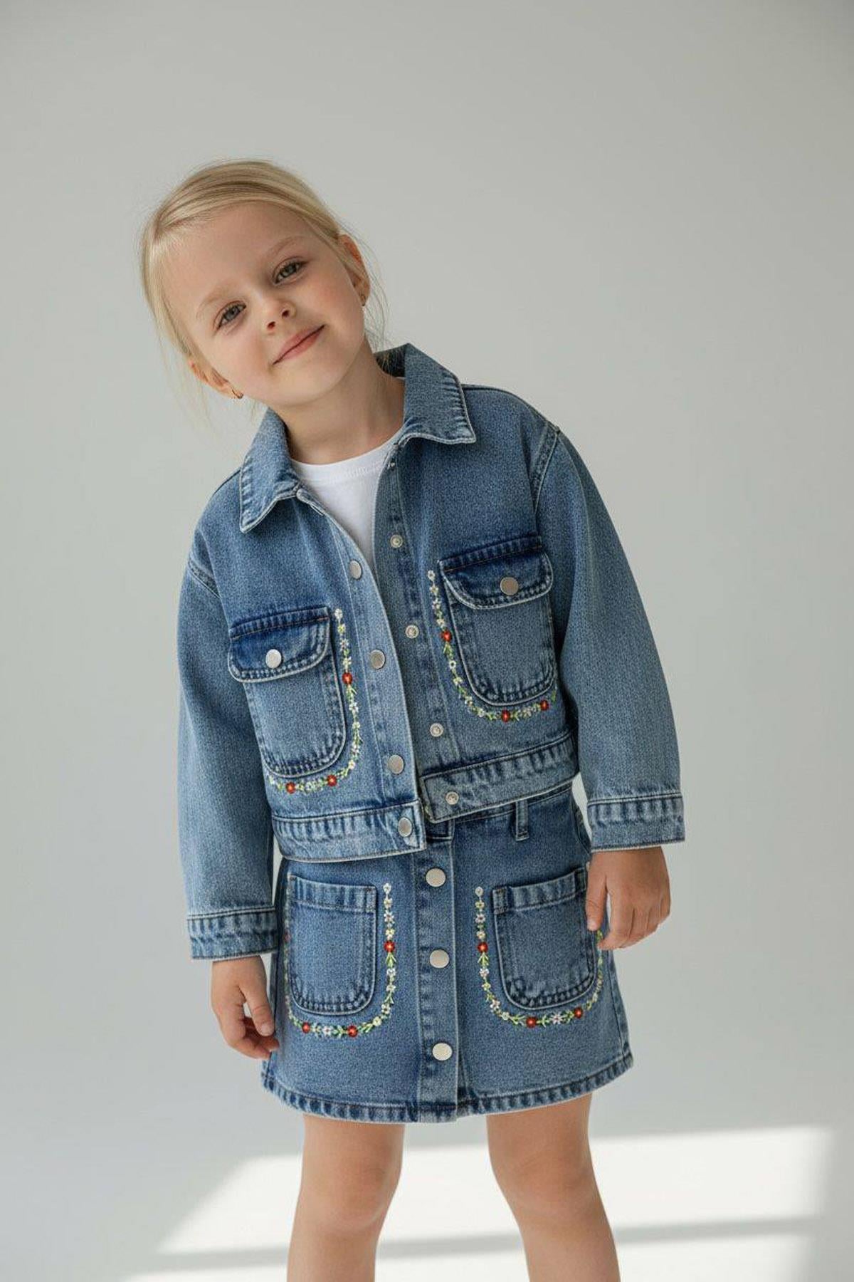 Çiçek Etekli Denim 3Lü Takım (3-10 Yaş)