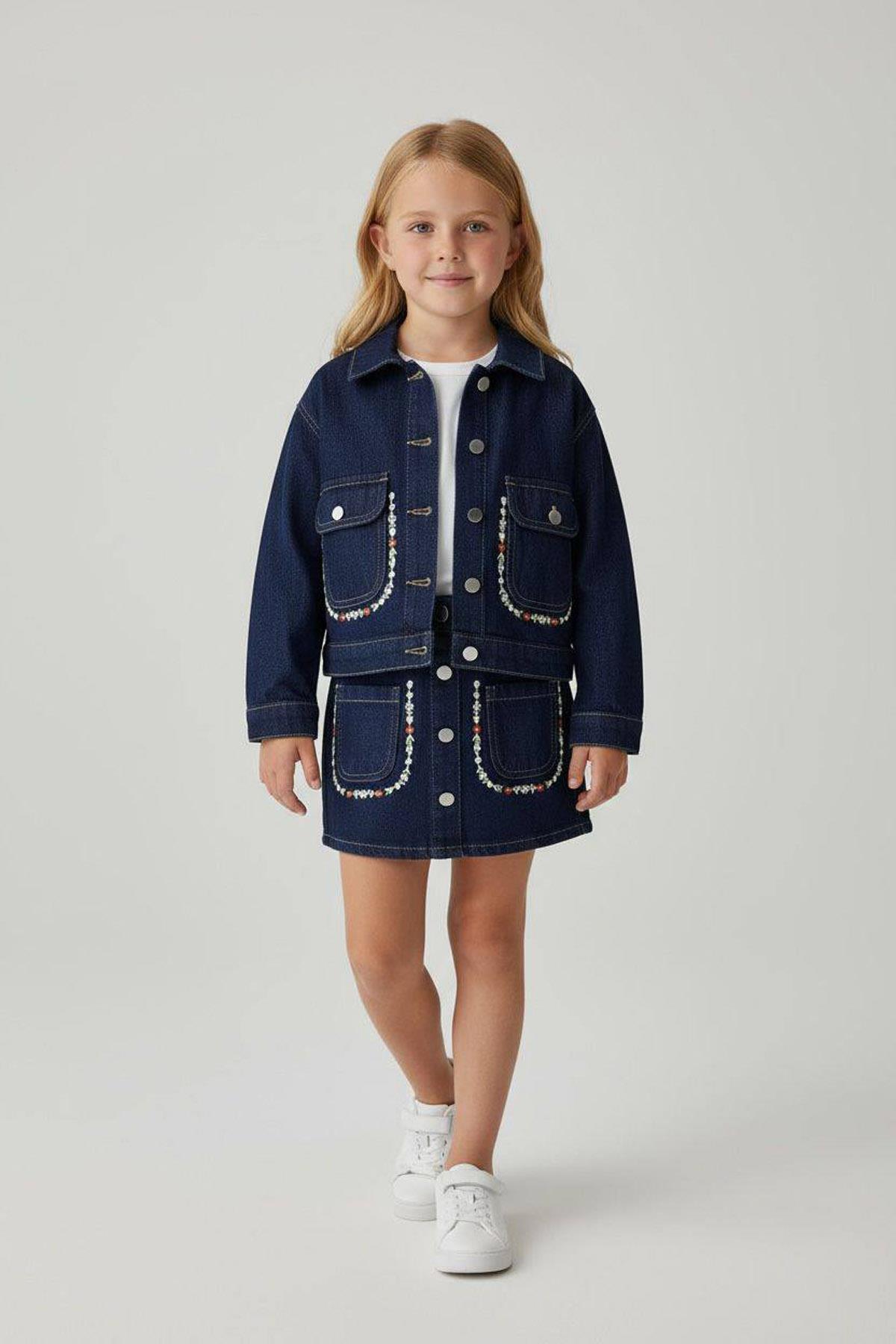 Çiçek Etekli Denim 3Lü Takım Koyu Mavi(3-10 Yaş)