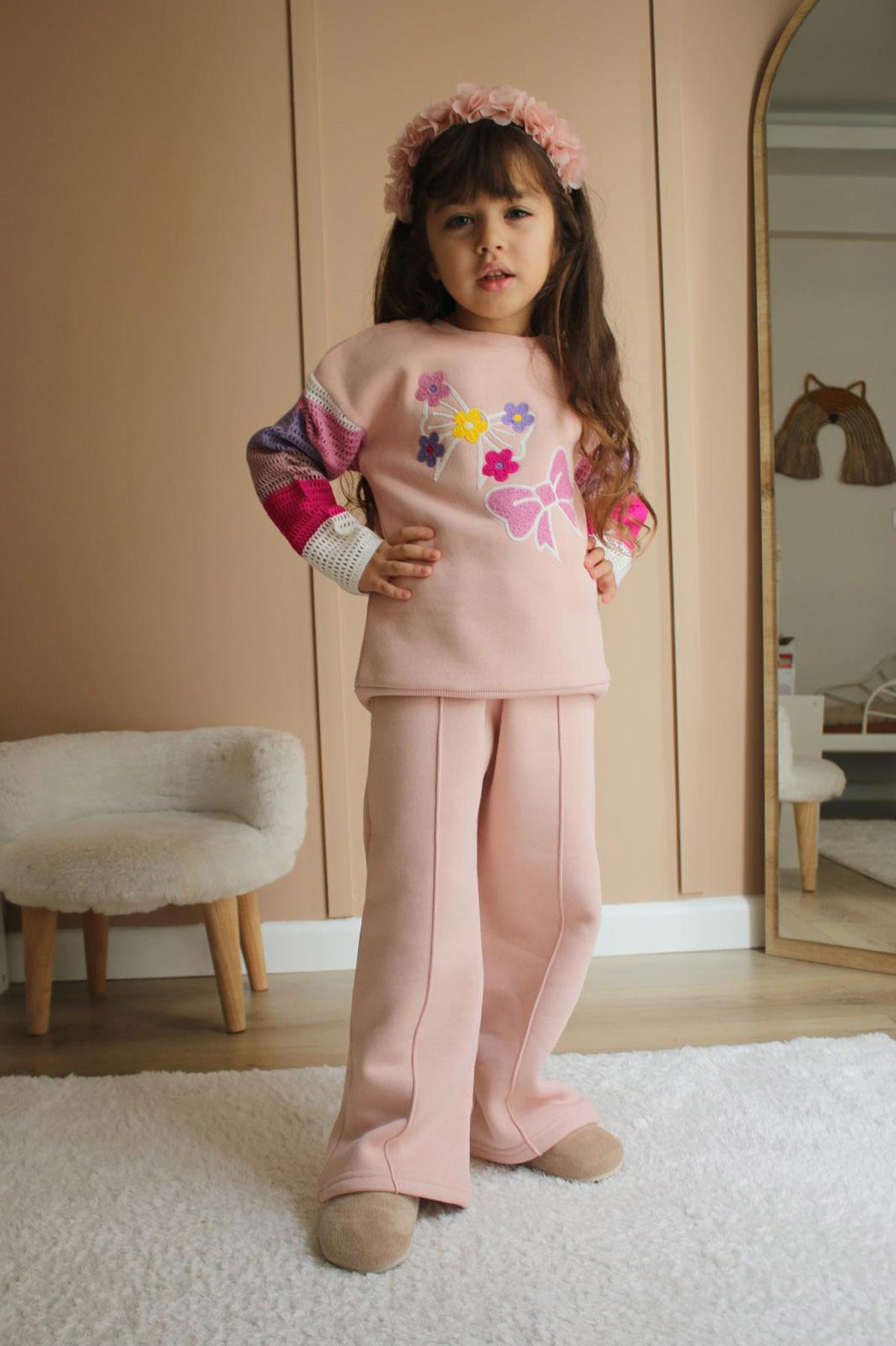 Çiçek Örme Detay Kız Çocuk Şardonlu İkili Takım Pembe (3-10 Yaş)