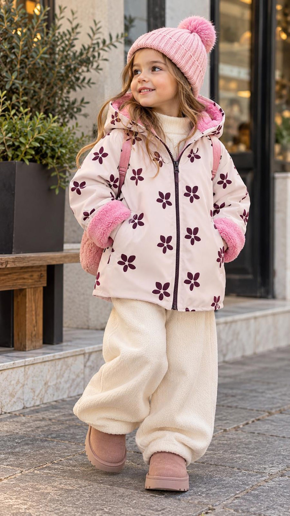 Çiçekli İçi Peluş Su Geçirmez Yağmurluk Pembe (4-12)