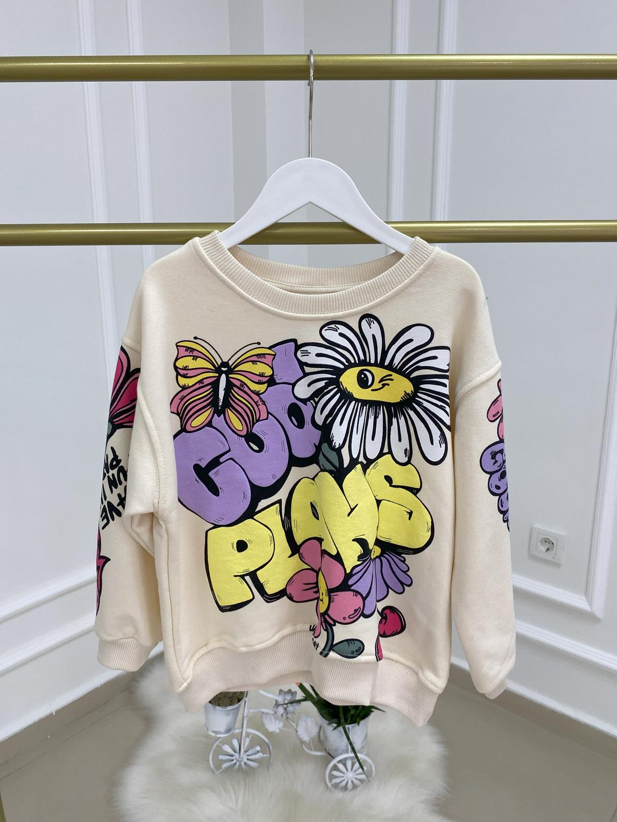 Çiçekli Kız Çocuk Pamuklu Sweat Krem (5-14 Yaş)