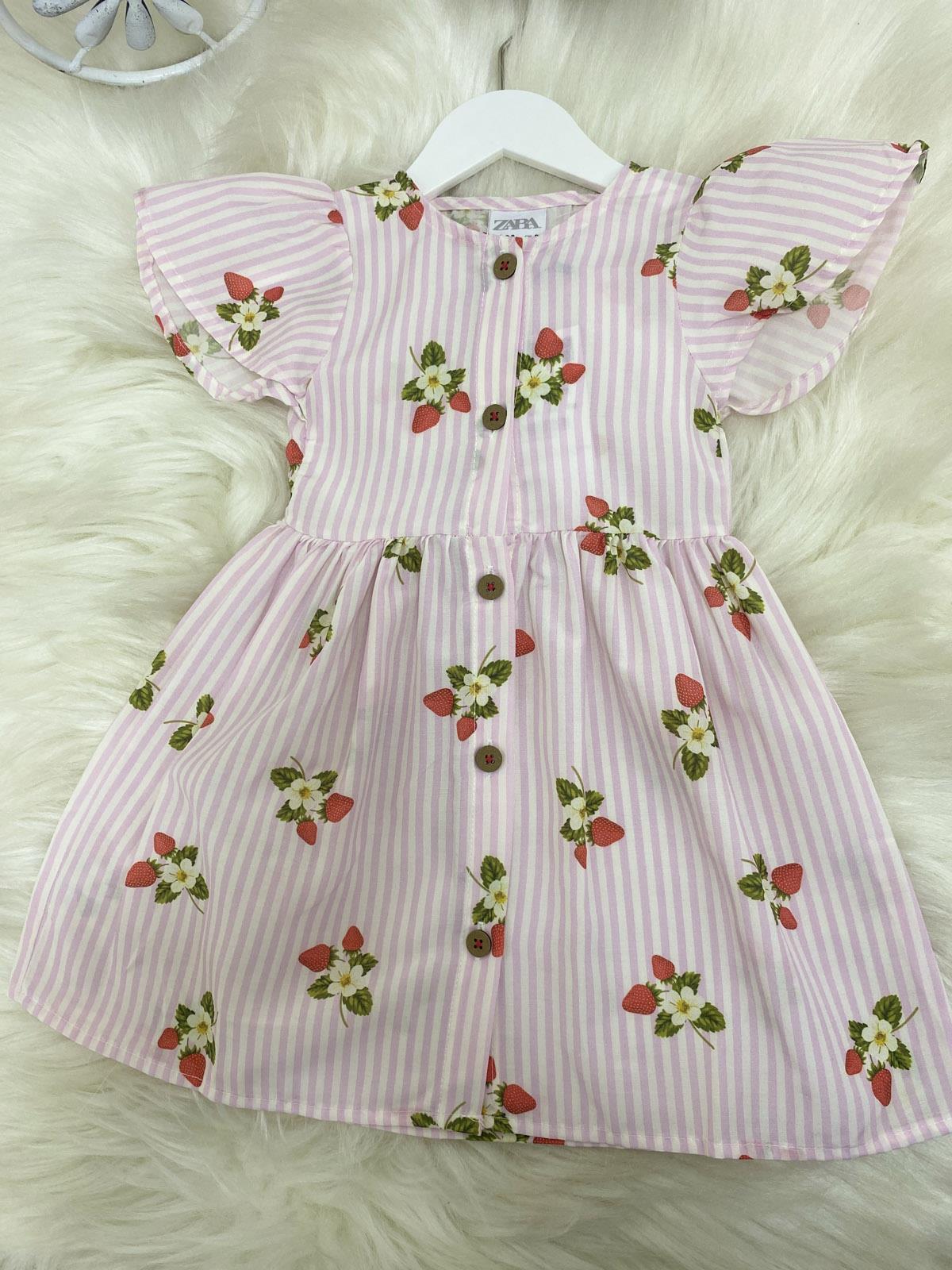 Çilekli Kız Çocuk Pamuklu Elbise Pembe (2-8 Yaş)