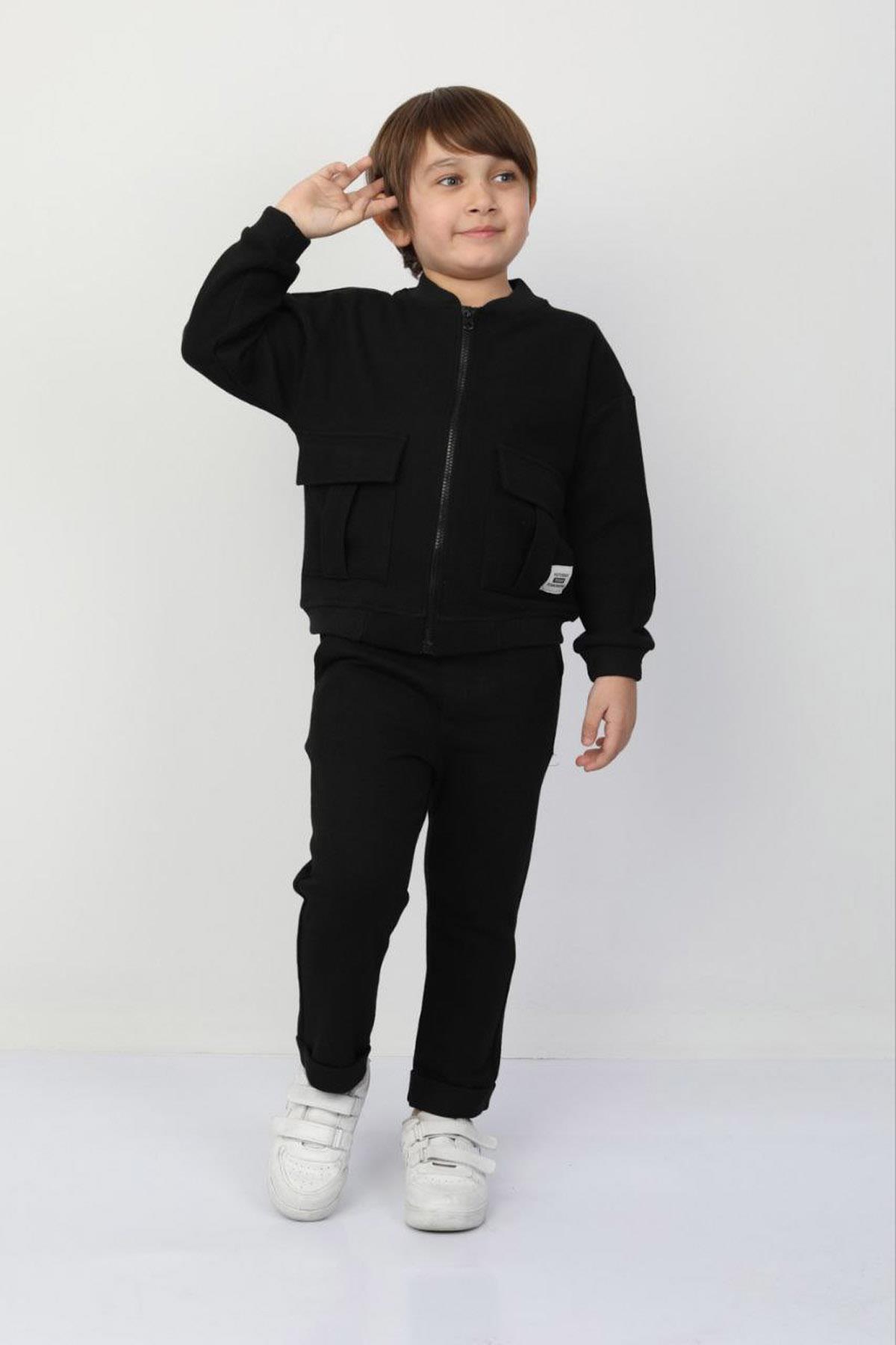 Fermuarlı İnterlok Duble Paça İkili Takım Siyah (3-10 Yaş)