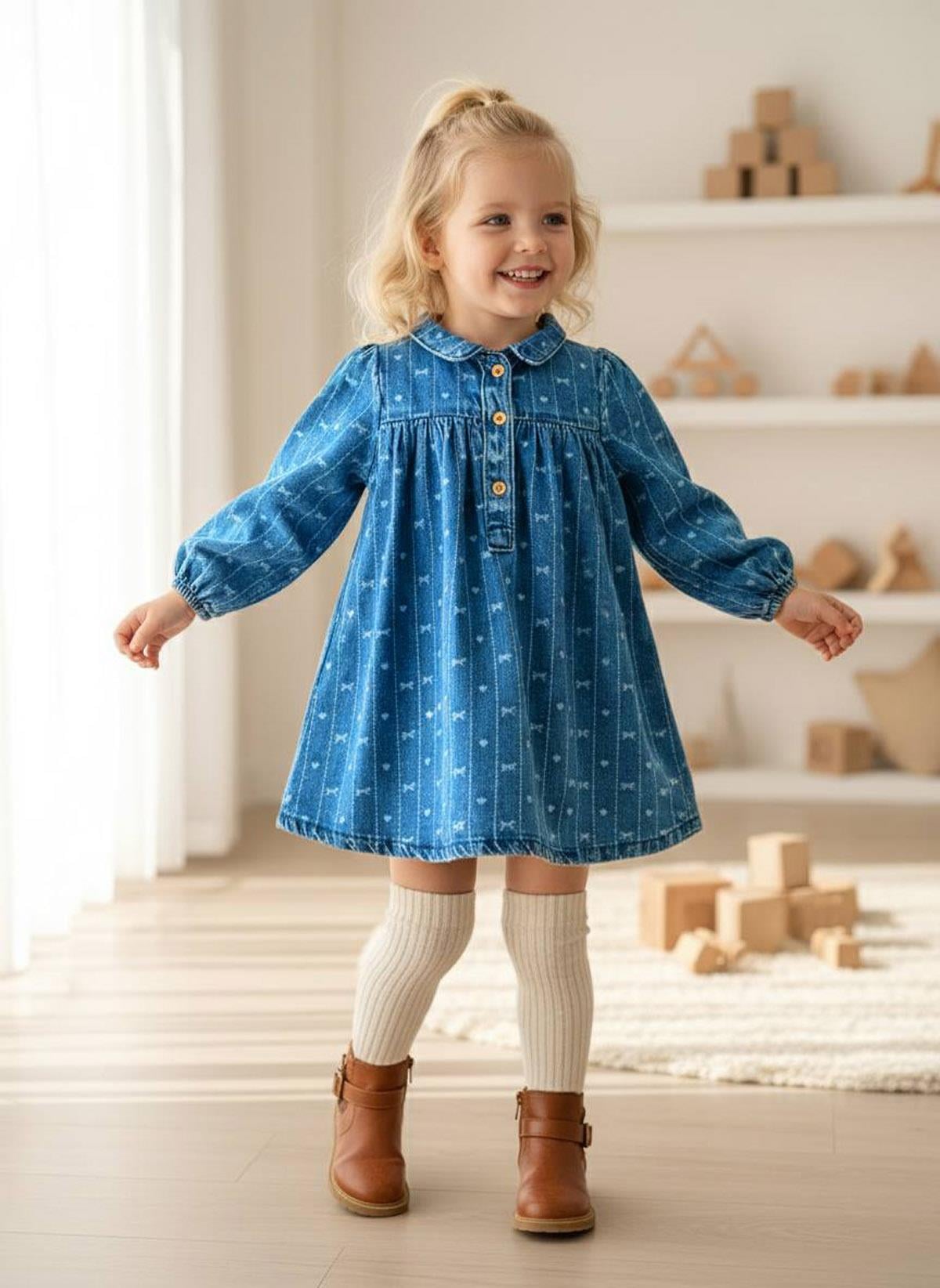 Fiyonk Baskılı Denim Elbise (2-8 Yaş)