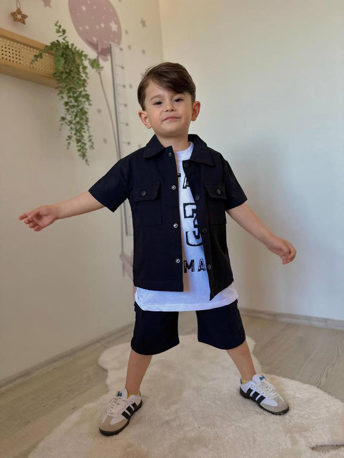 Gabardin Düğmeli 3lü Takım Siyah (3-10 Yaş)
