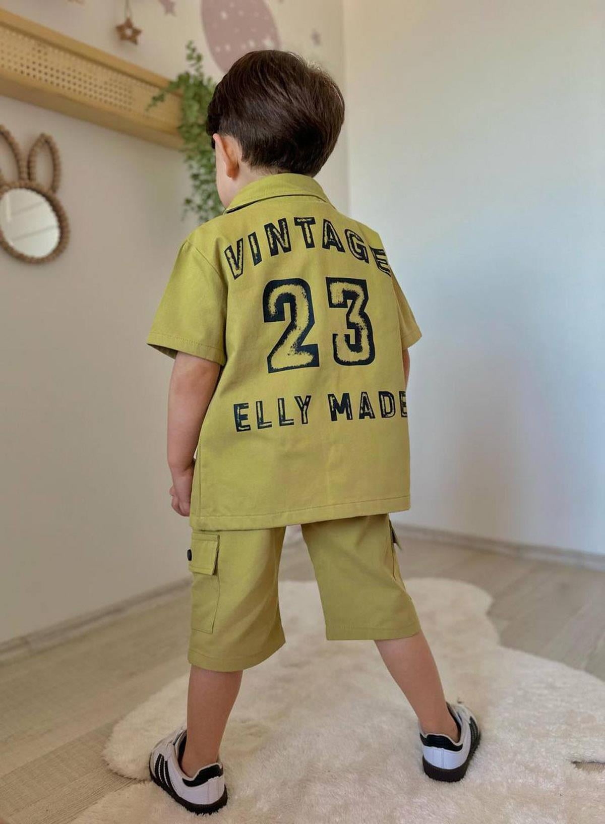 Gabardin Düğmeli 3lü Takım Yağ Yeşili (3-10 Yaş)