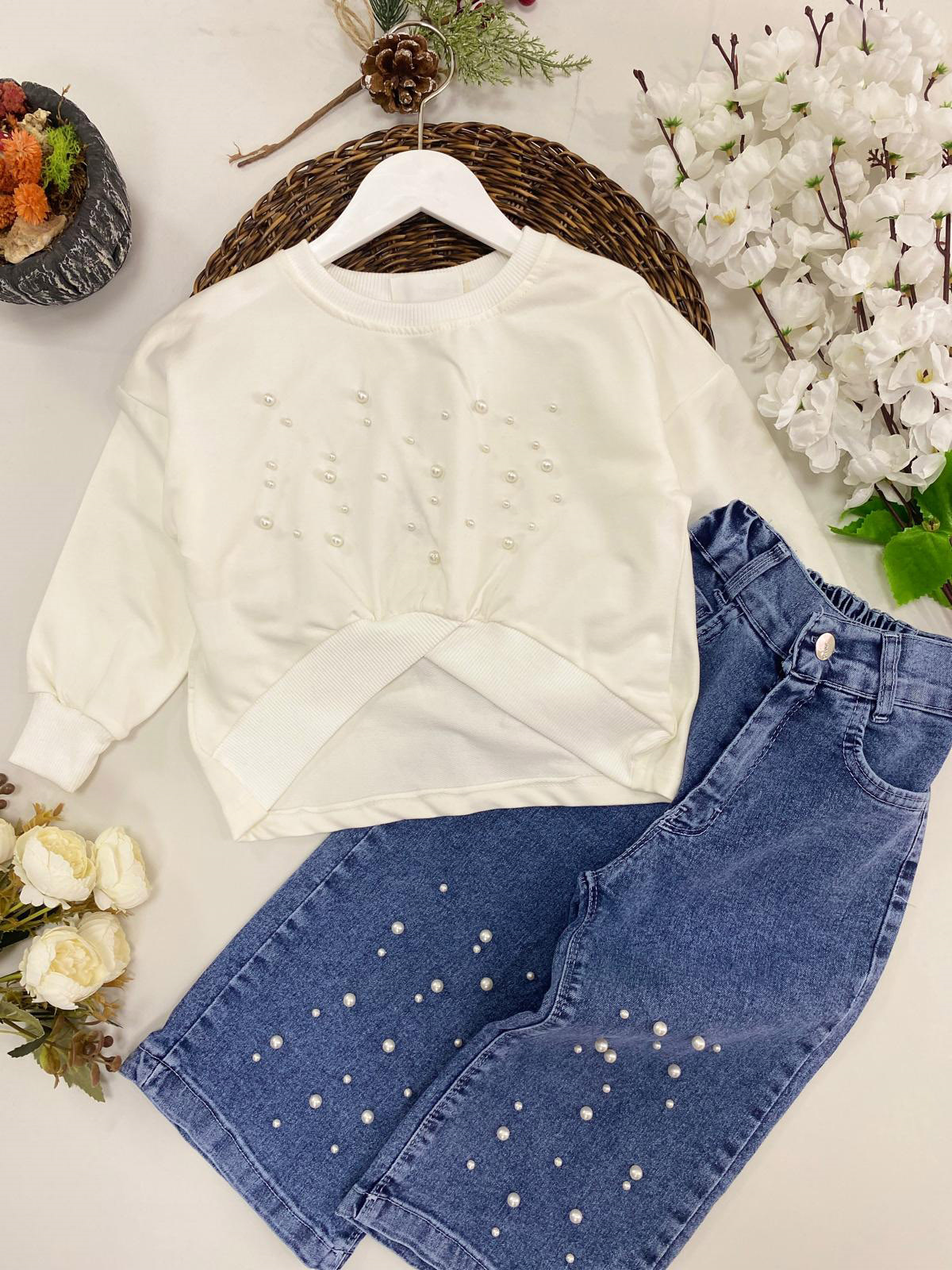 İnci Detay Denim İkili Takım Ekru (2-9  Yaş)