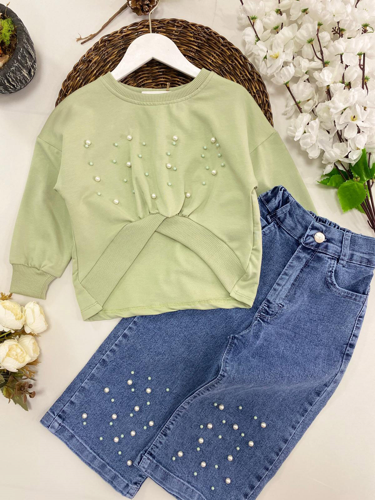 İnci Detay Denim İkili Takım Mint (2-9  Yaş)