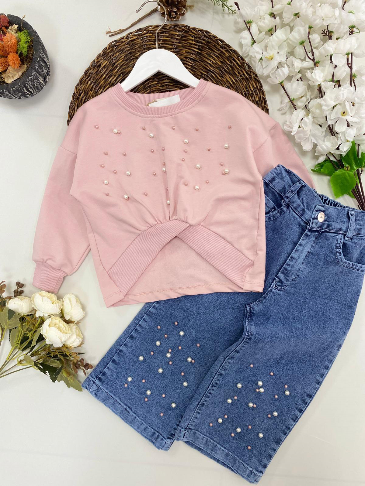 İnci Detay Denim İkili Takım Pembe (2-9  Yaş)