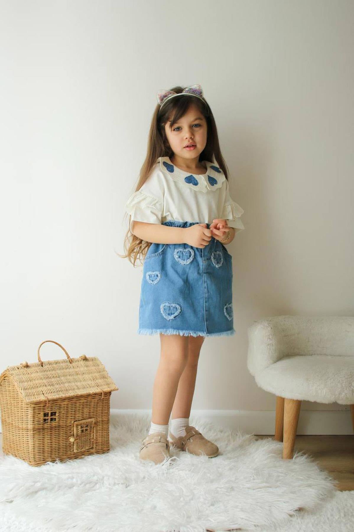 Kalp Nakış Denim Etekli Takım (3-10 Yaş)