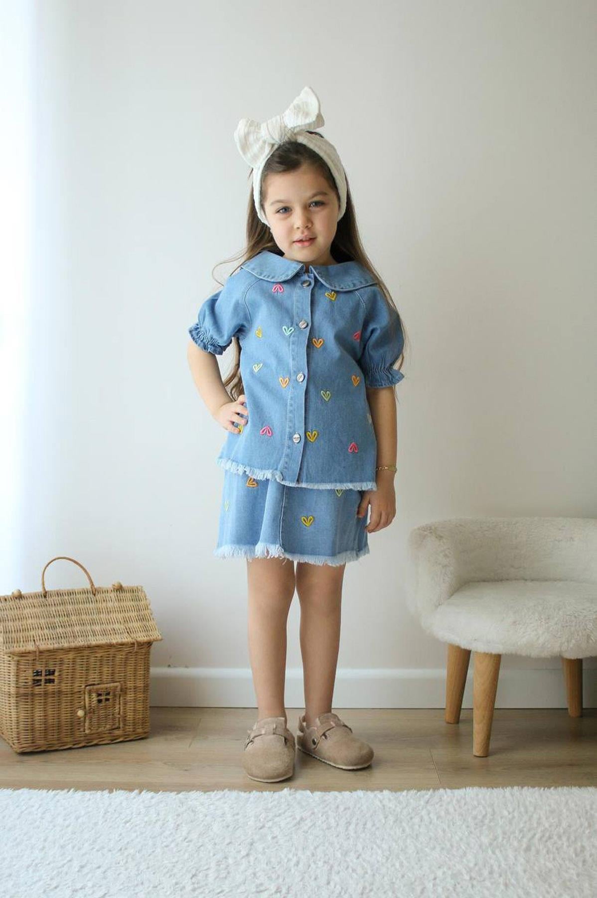 Kalpli Denim Etekli Takım Renkli (3-10 Yaş)