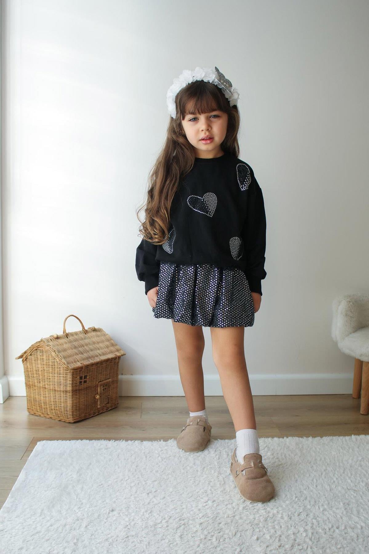 Kalpli Pullu Etekli Kız Çocuk İkili Takım  Siyah (3-10Yaş)