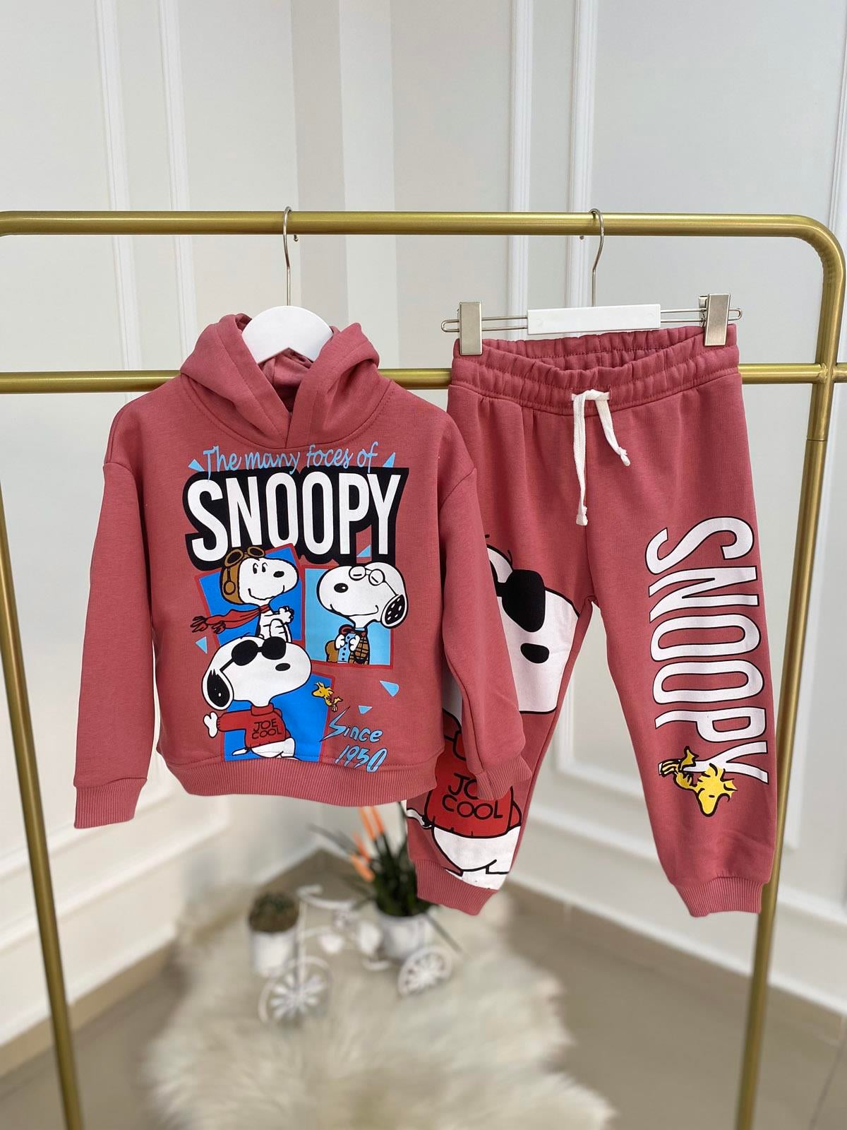 Kapüşonlu Snopy Baskı Kız Çocuk Pamuklu İkili Takım Pembe (2-8 Yaş)