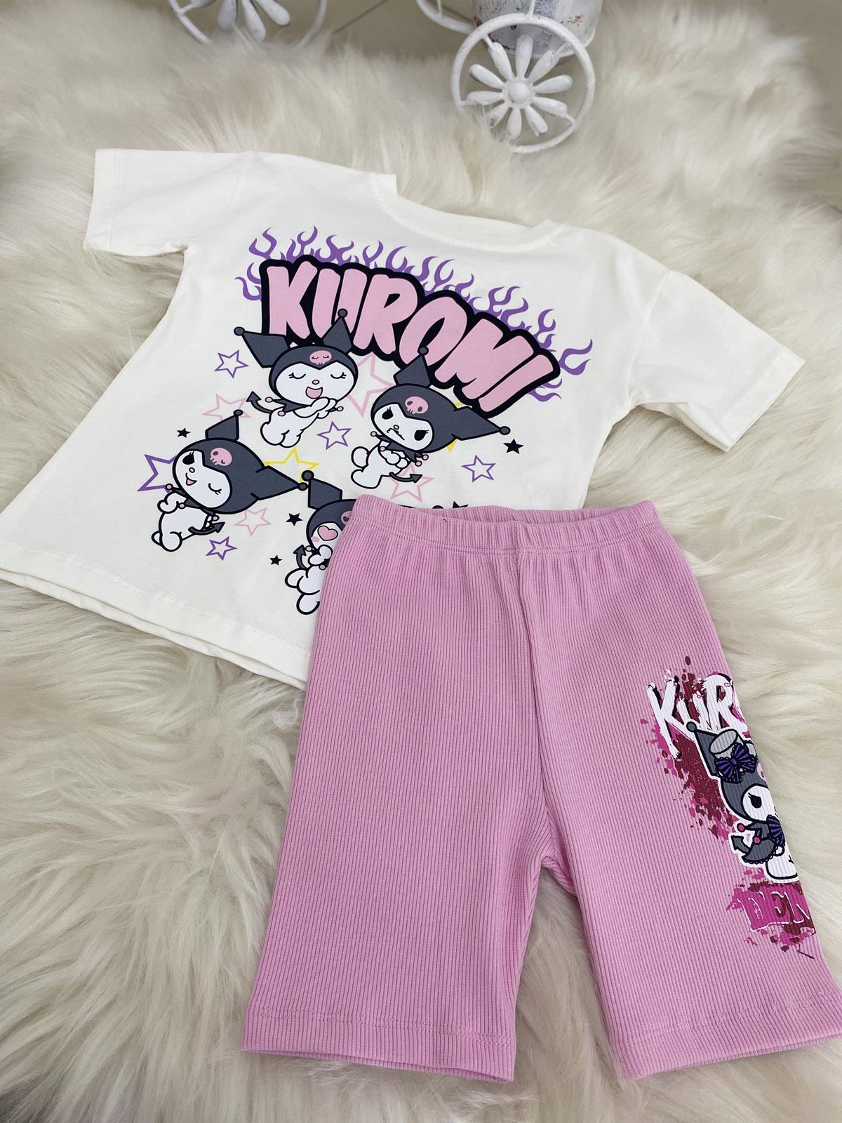 Kuromi Biker Taytlı Kız Çocuk Pamuklu İkili Takım Pembe (2-8 Yaş)