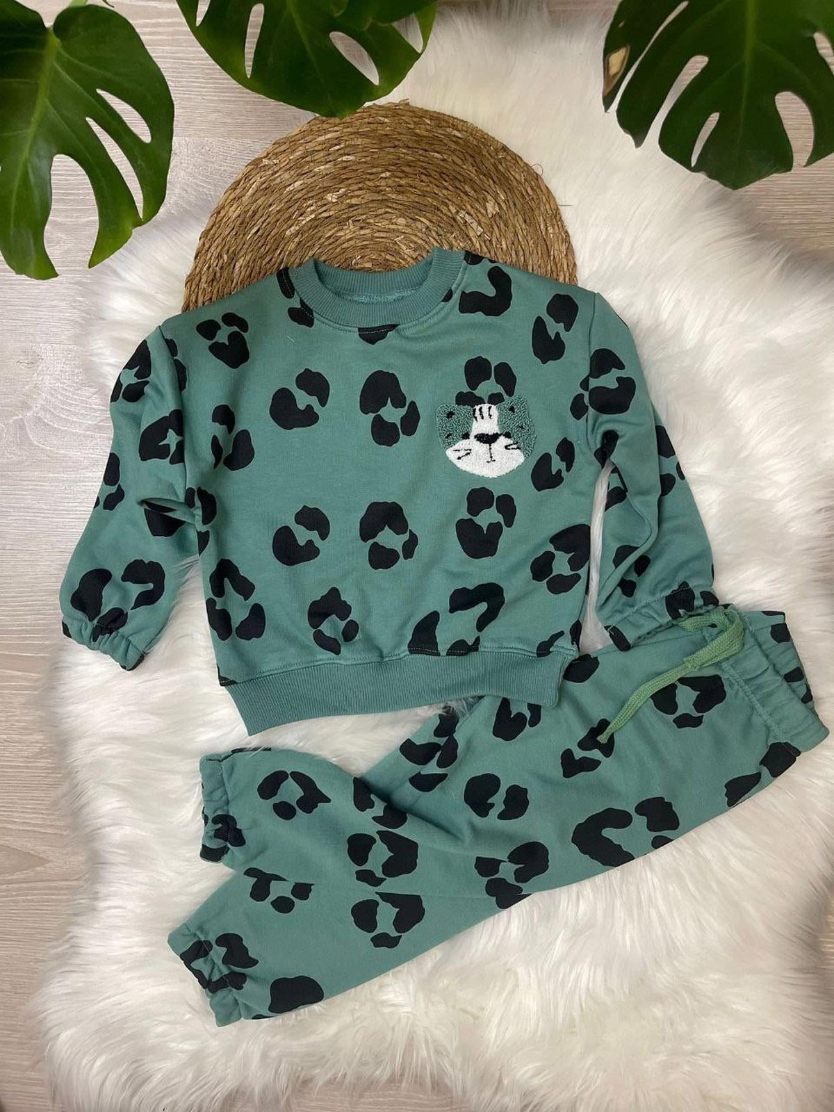 Leopar Baskılı Kedi İşlemeli Kız Çocuk Pamuklu İkili Takım Yeşil (3-10 Yaş)