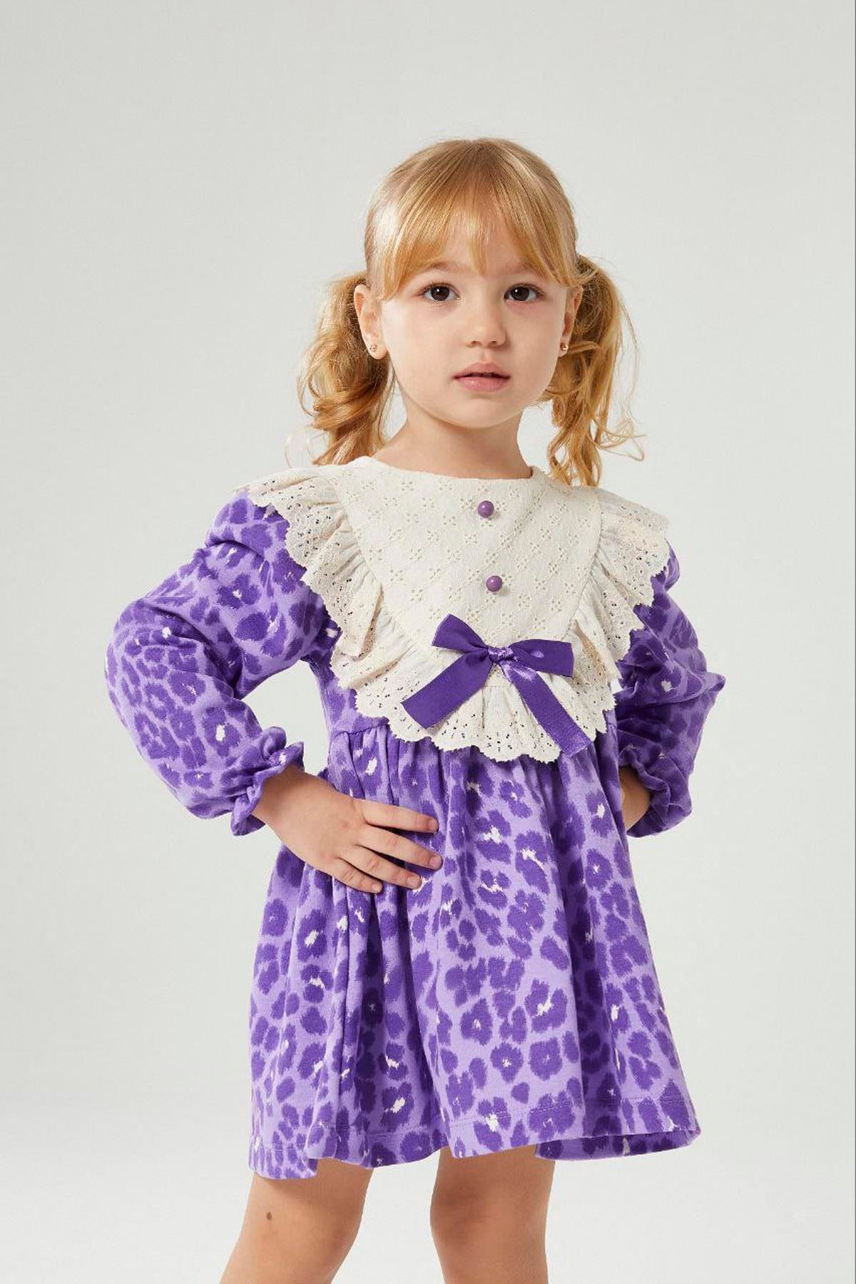 Leopar Desenli Elbise Lila (2-8 Yaş)