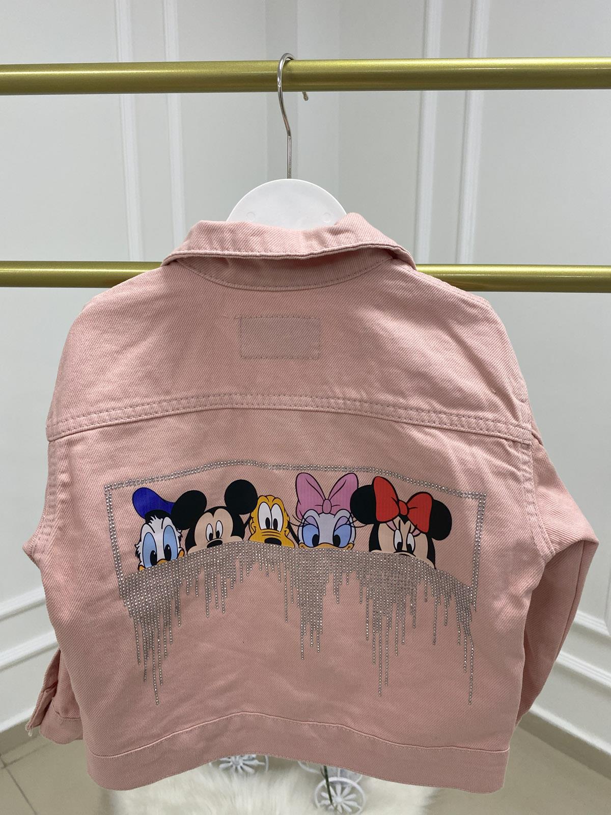 Mickey Baskı Taş işlemeli Unisex Jean Ceket Pembe (3-10 Yaş)