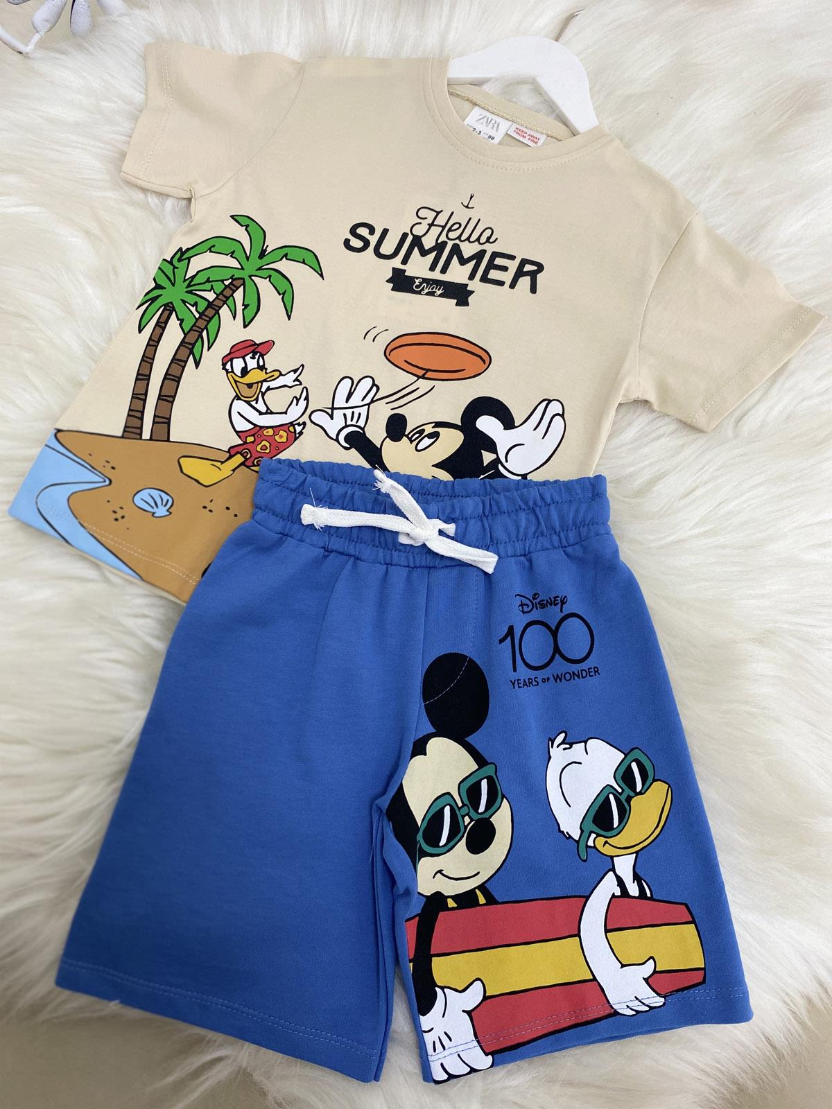 Mickey Hello Summer Baskılı Şortlu Erkek Çocuk Pamuklu İkili Takım Mavi (2-8 Yaş)