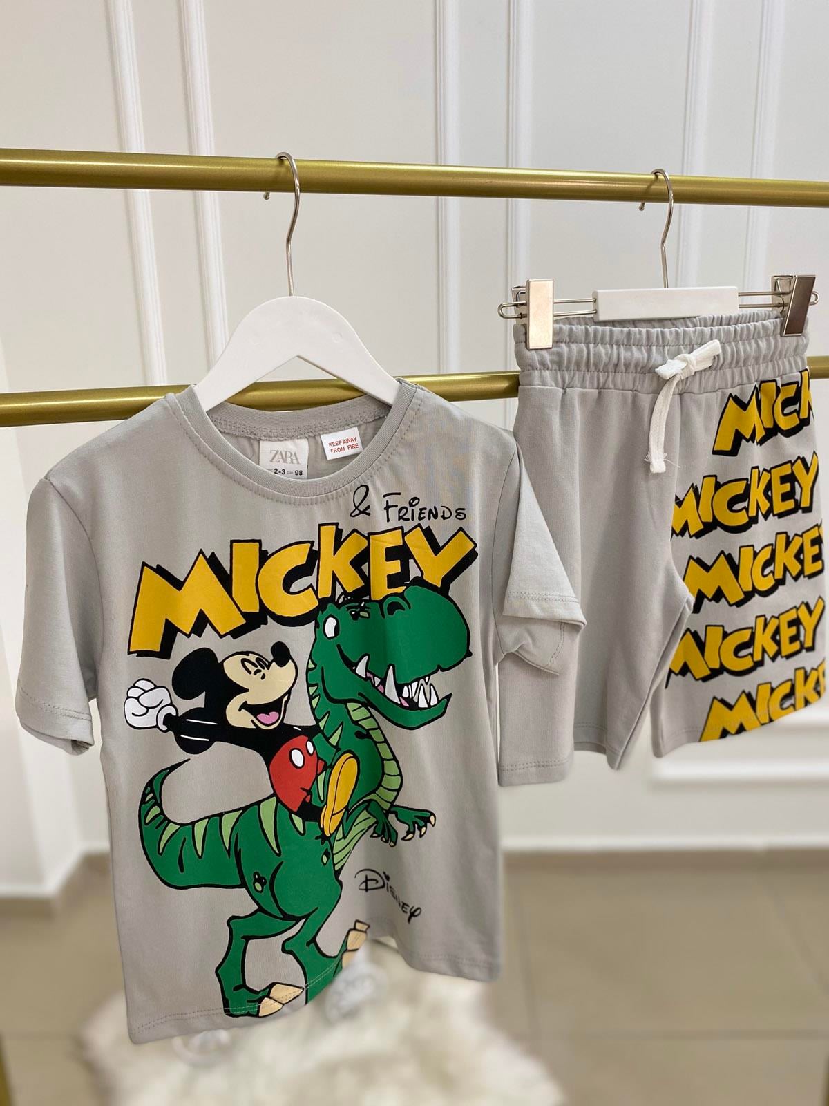 Mickey ve Dinozor Şortlu Erkek Çocuk Pamuklu İkili Takım Gri (2-8 Yaş)
