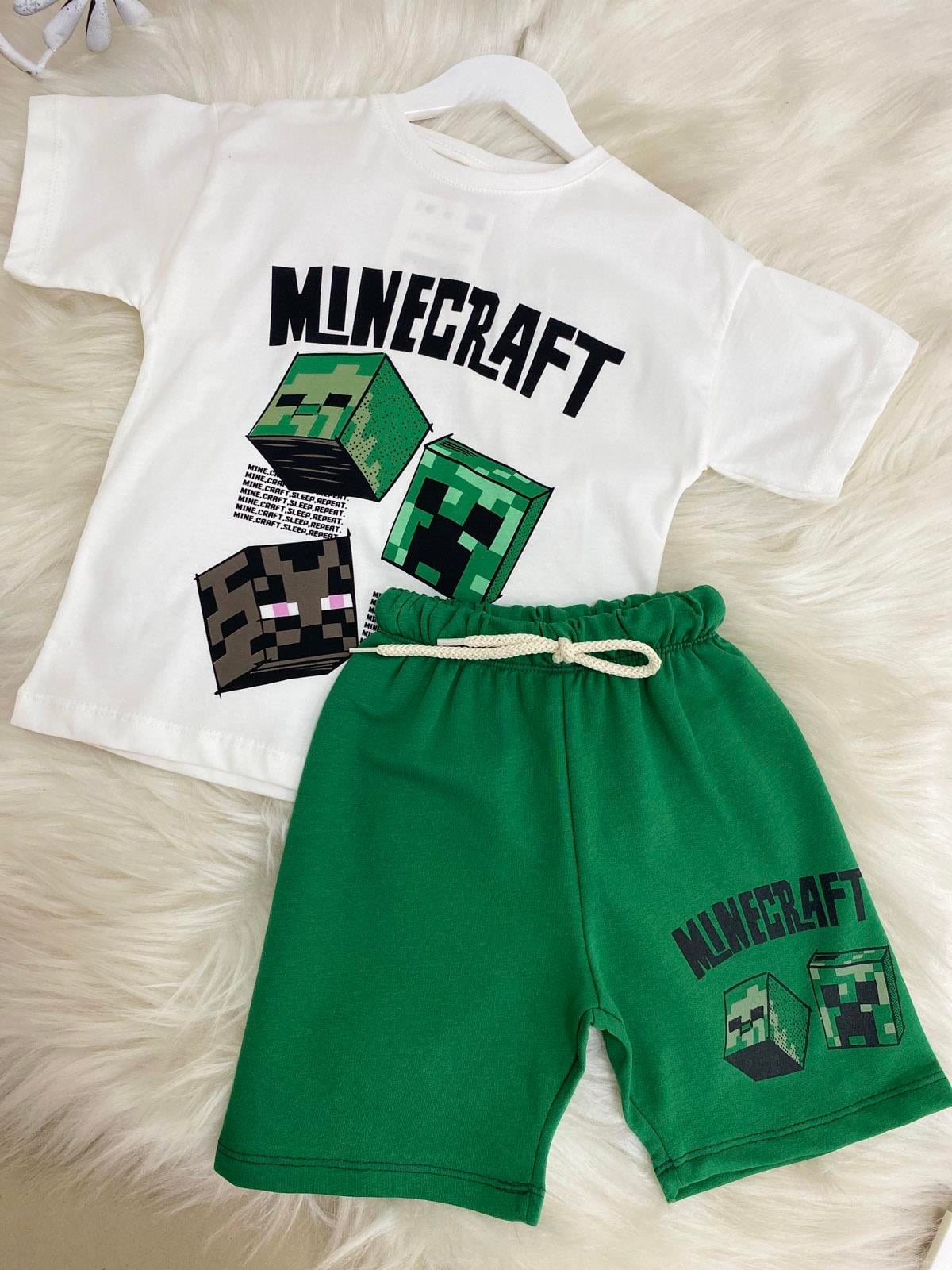 Minecraft Şortlu Erkek Çocuk Pamuklu İkili Takım Yeşil (2-8 Yaş)