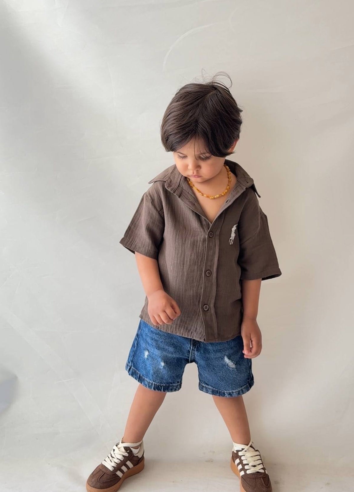 Müslin Gömlekli Denim Şortlu Takım Kahve(3-10 Yaş)