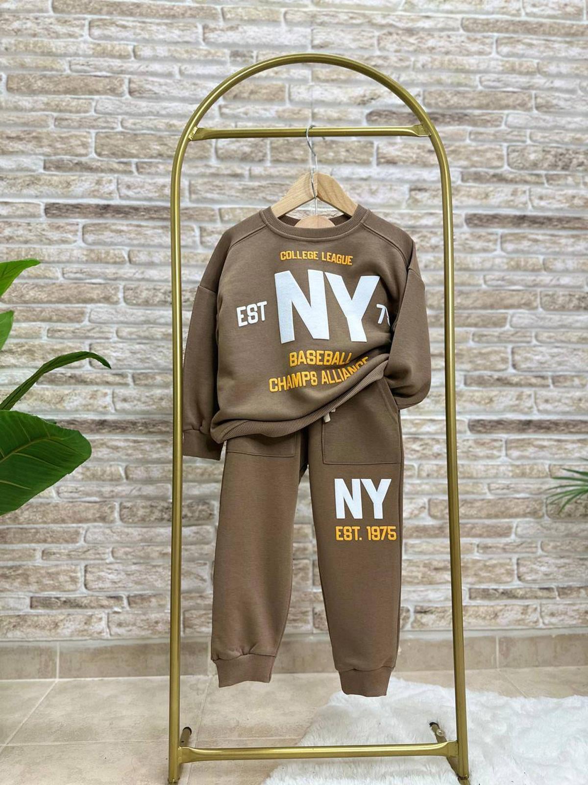 NY Baskılı Beli Lastikli Erkek Çocuk Pamuklu İkili Takım Kahve (3-10 Yaş)