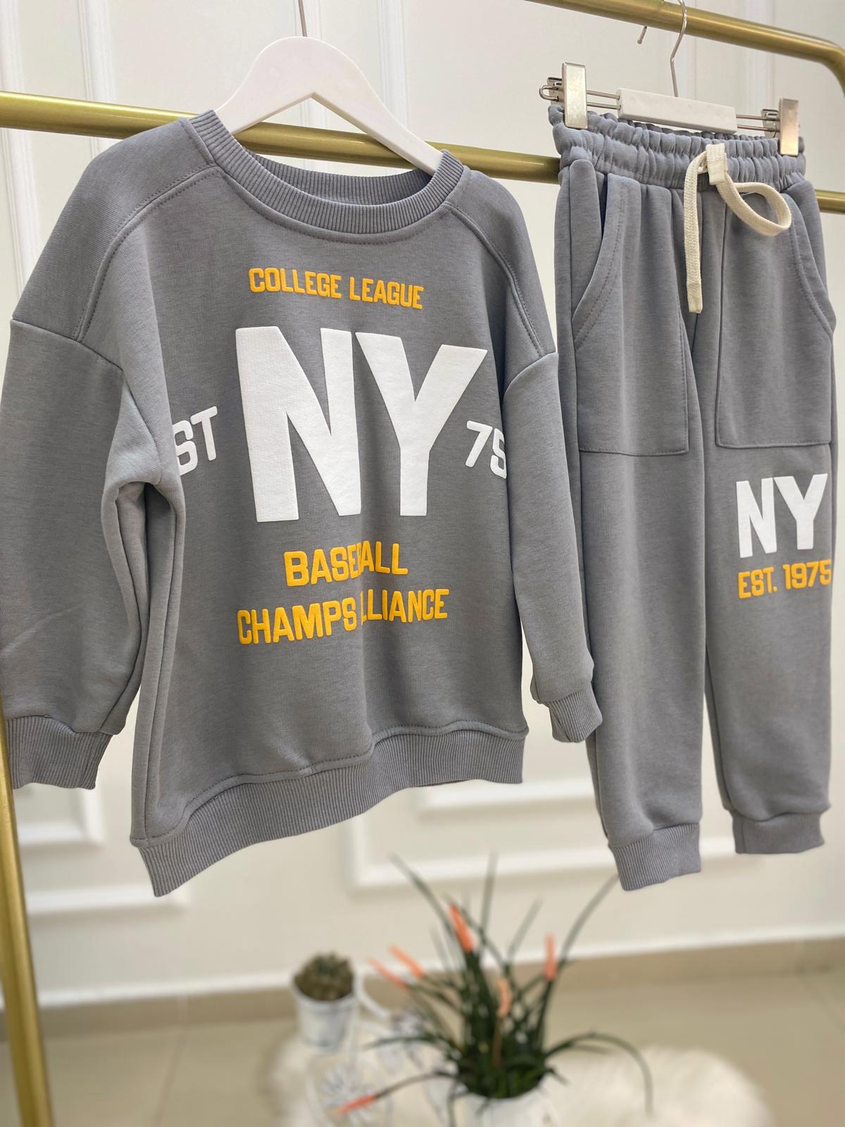 NY Baskılı Beli Lastikli Erkek Çocuk Pamuklu İkili Takım Koyu Gri(3-10 Yaş)