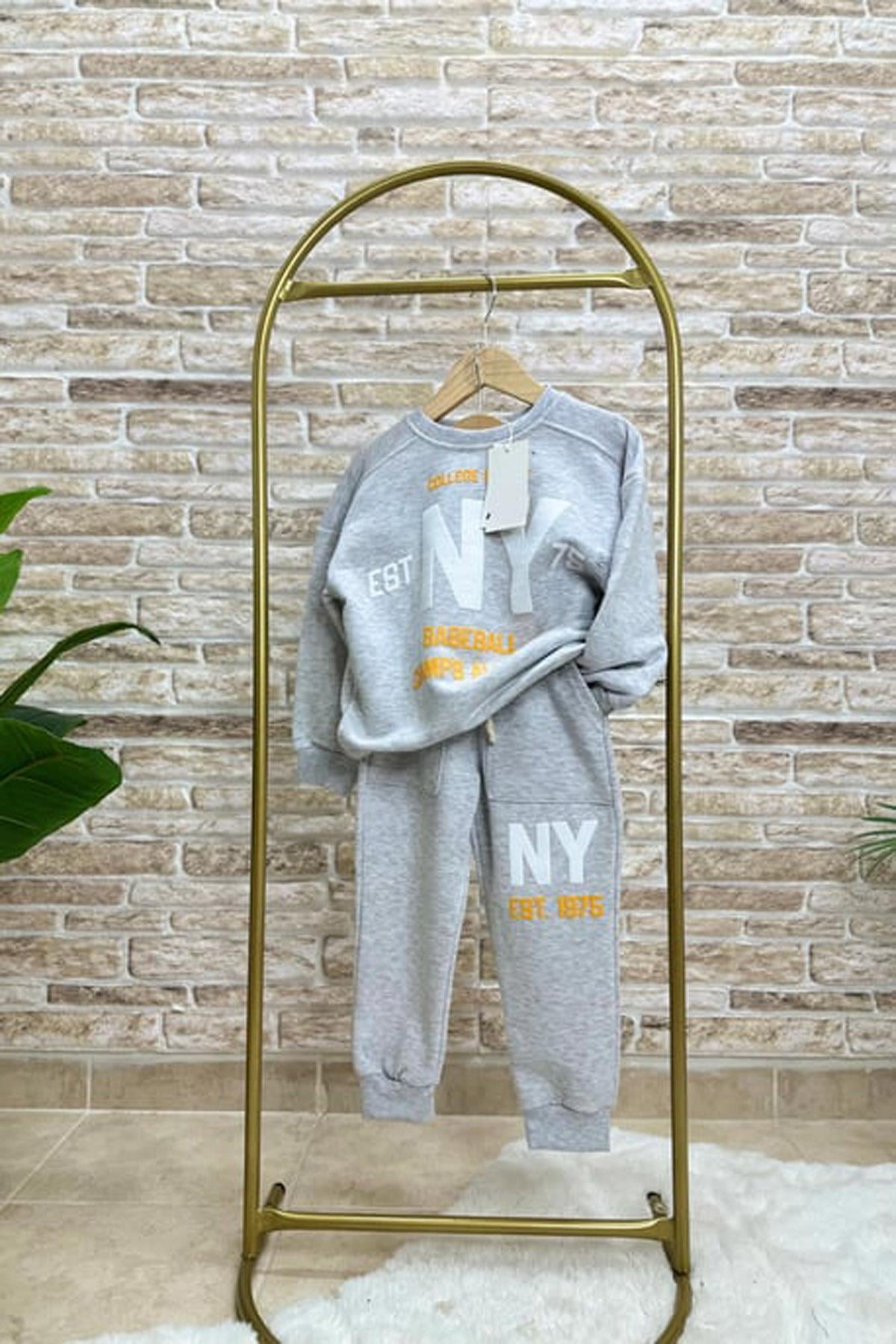NY Baskılı Beli Lastikli Erkek Çocuk Pamuklu İkili Takım Gri (3-10 Yaş)