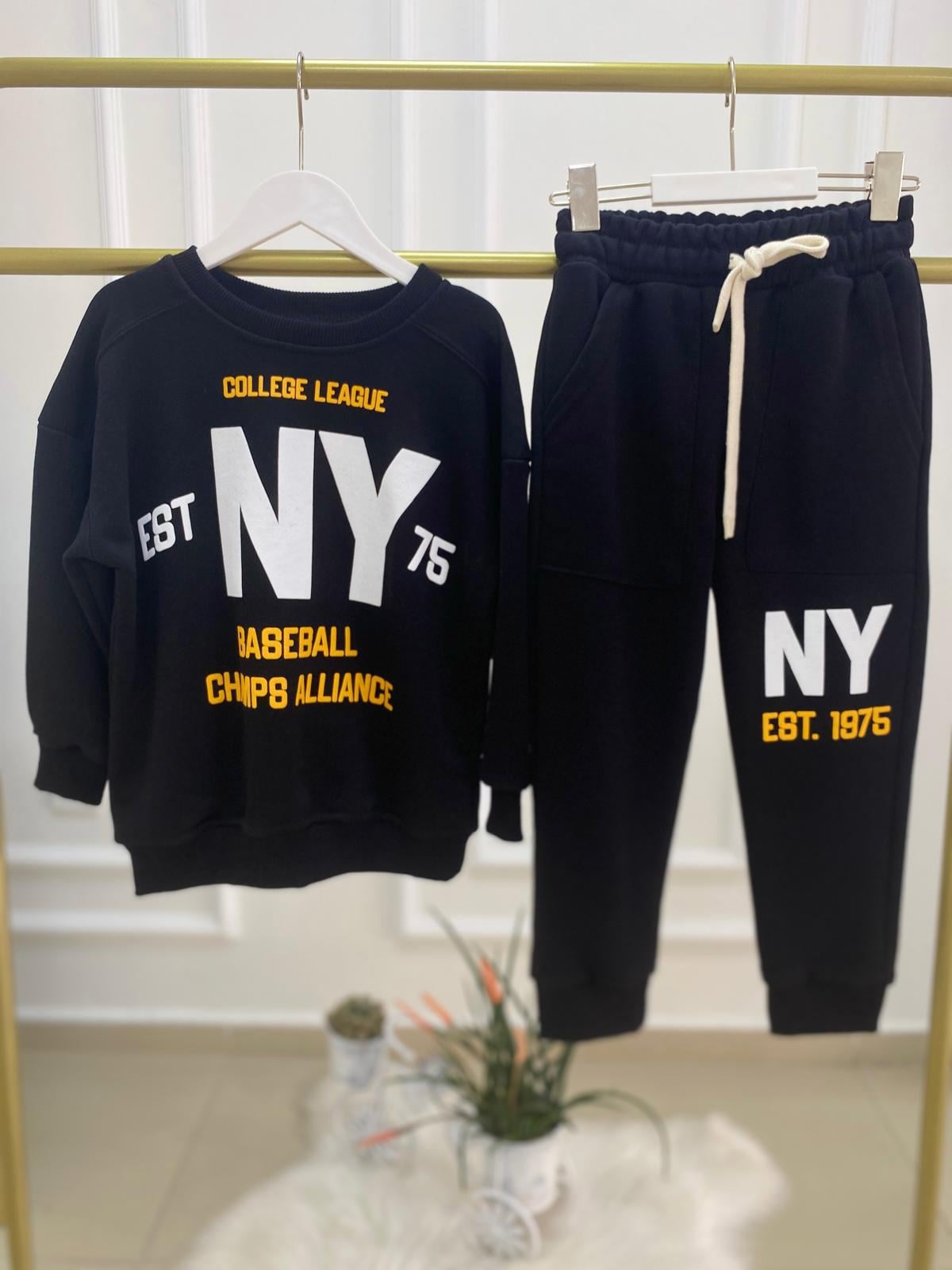 NY Baskılı Beli Lastikli Erkek Çocuk Pamuklu İkili Takım Siyah (3-10 Yaş)