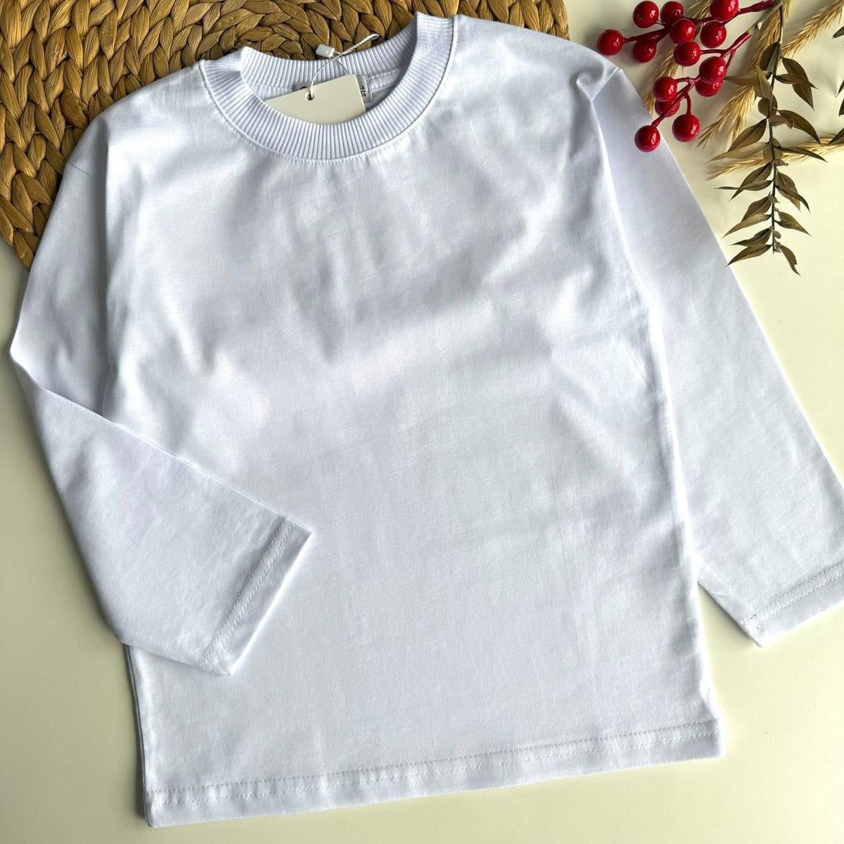 Pamuklu Uzun Kol Tshirt Beyaz (3-10 Yaş)