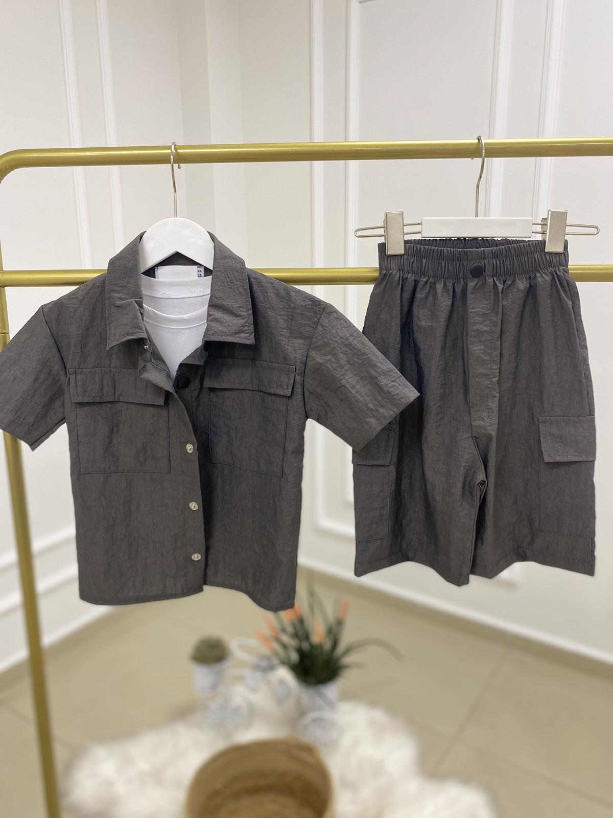 Paraşüt Kumaş Kargo Cepli Şortlu 3lü Takım Gri (2-8 Yaş) 