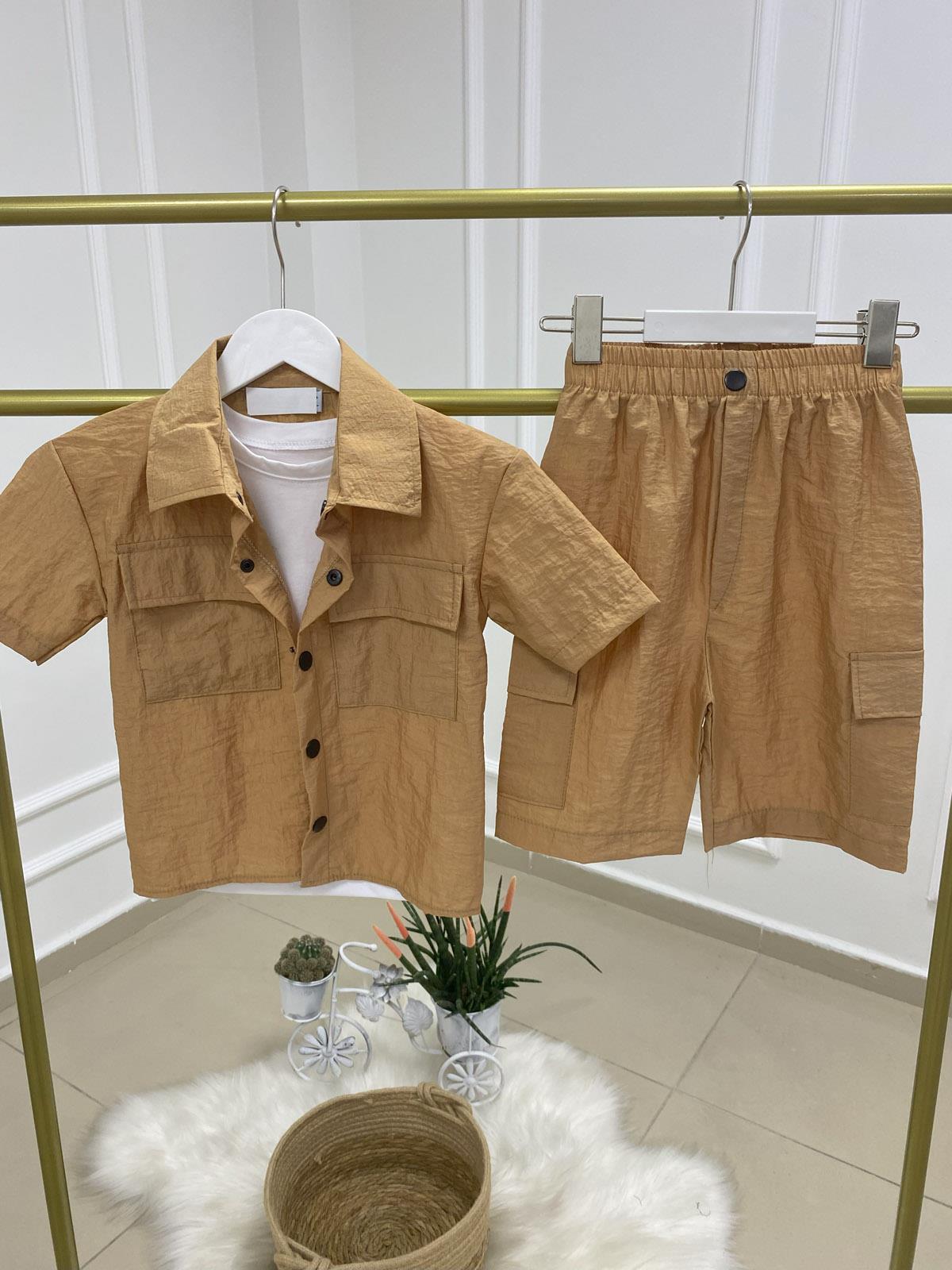 Paraşüt Kumaş Kargo Cepli Şortlu 3lü Takım Hardal (2-8 Yaş) 