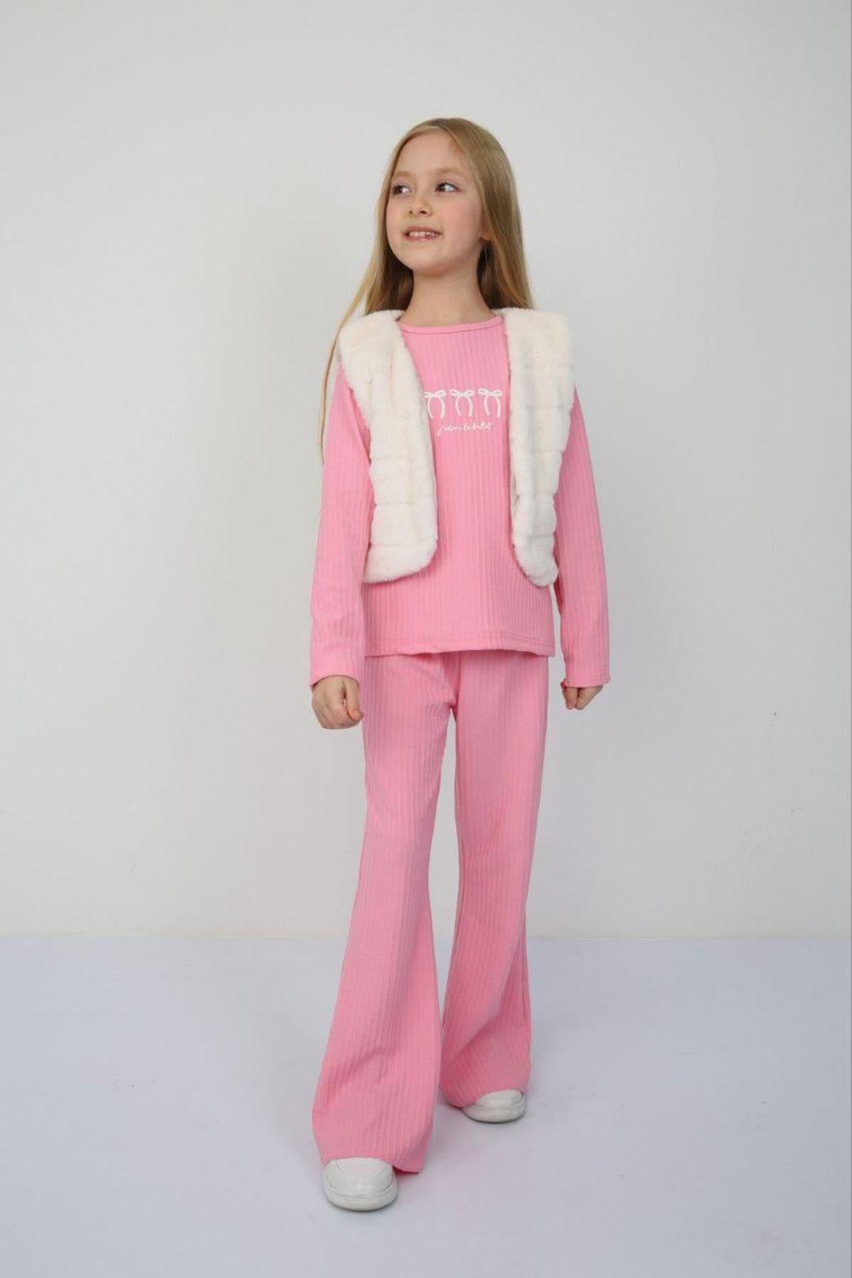 Peluş Yelekli 3lü Takım Pembe (3-10 Yaş)