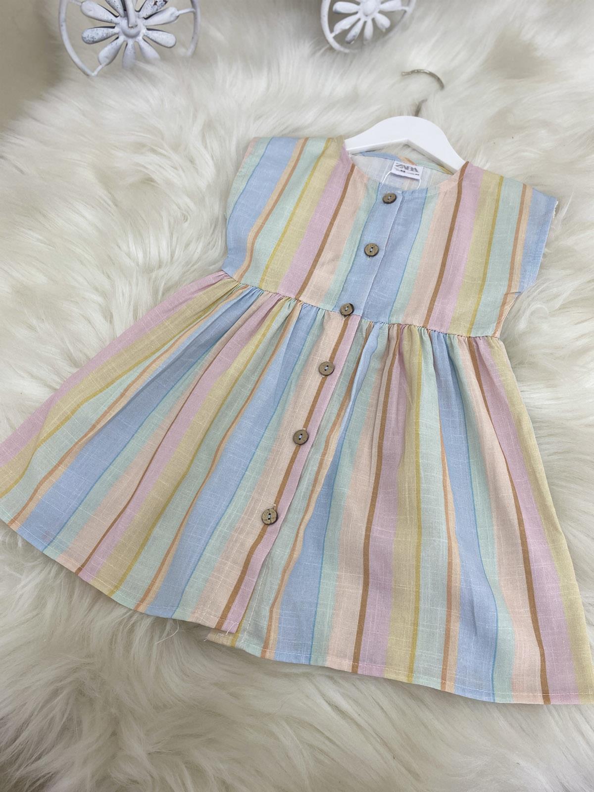 Rainbow Düğmeli Kız Çocuk Pamuklu Keten Elbise Renkli (2-8 Yaş)