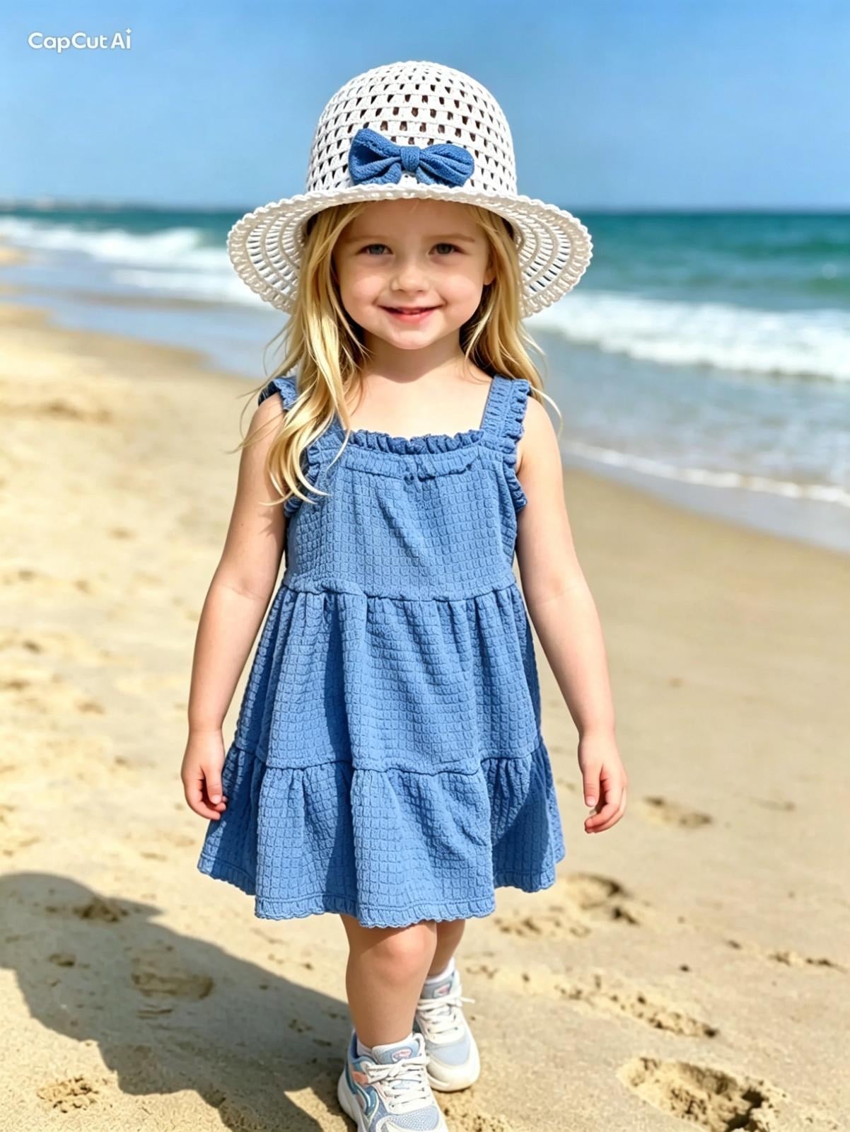 Şapka Hediyeli Bürümcük Kumaş Elbise Mavi (2-7 Yaş)