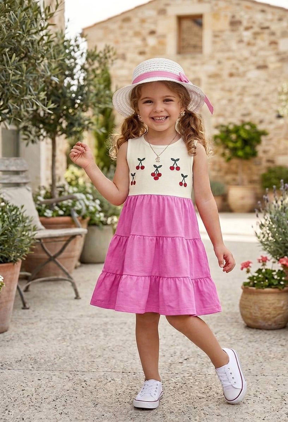Şapkalı Kiraz Nakışlı Pamuklu Elbise Pembe (2-10 Yaş)
