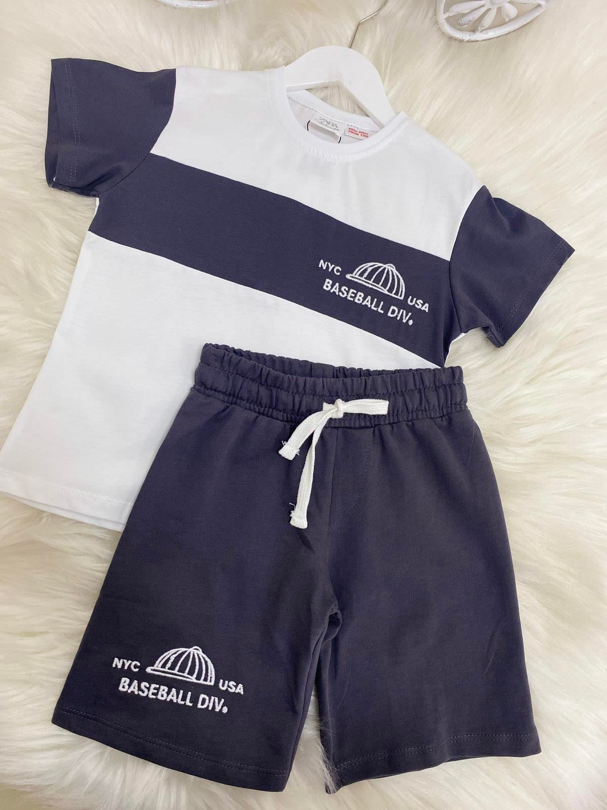 Şeritli Şortlu Erkek Çocuk Pamuklu İkili Takım Antrasit (2-8 Yaş)