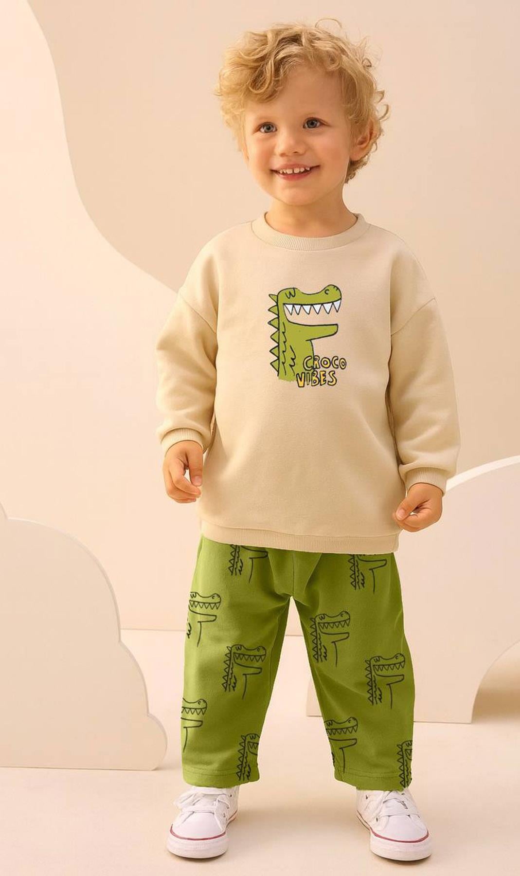 Sevimli Timsah Baskılı İkili Takım Krem (2-8 Yaş)