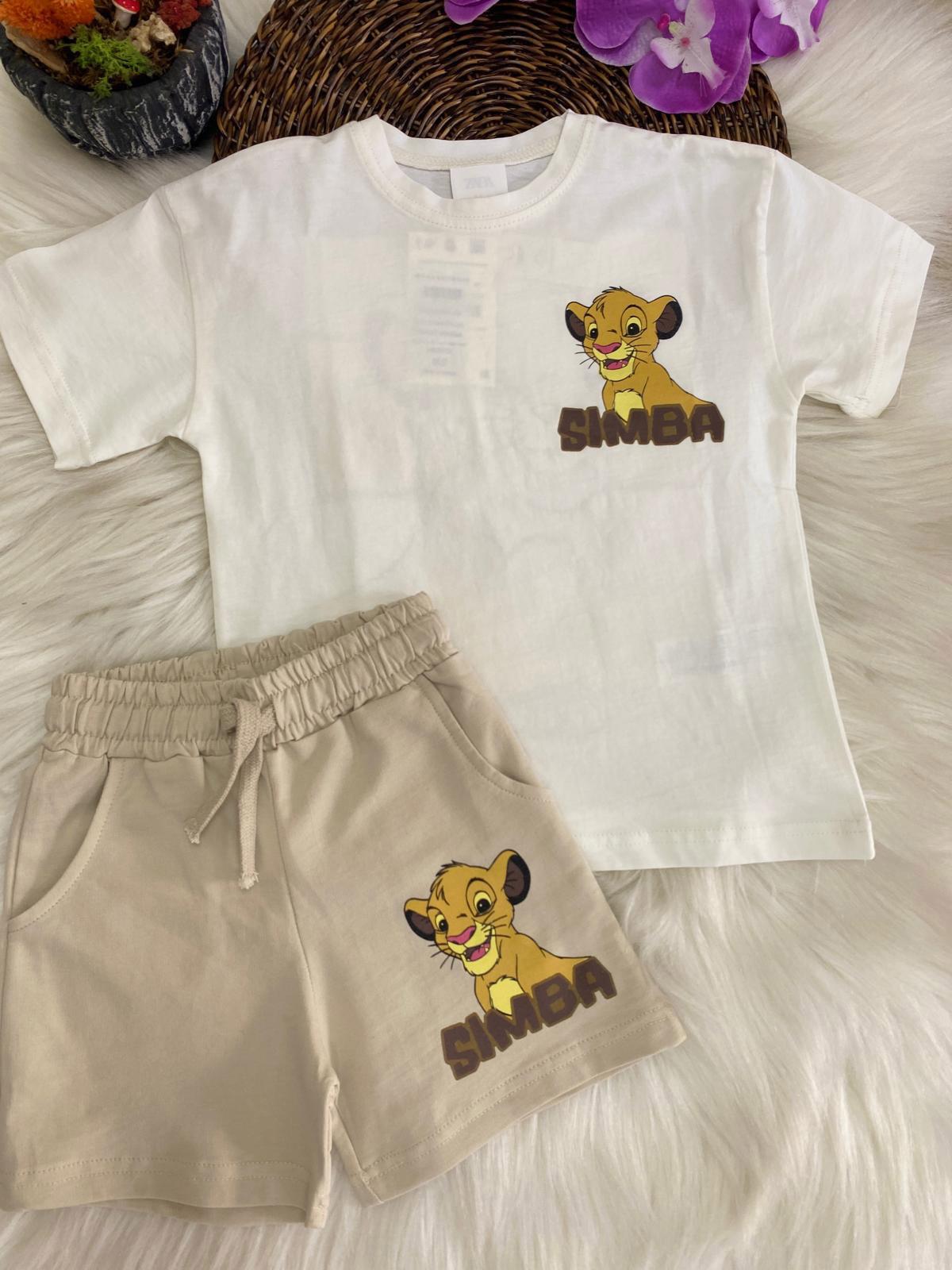 Sımba Sırt Baskılı Şortlu Erkek Çocuk İkili Takım Bej (3-10 Yaş)