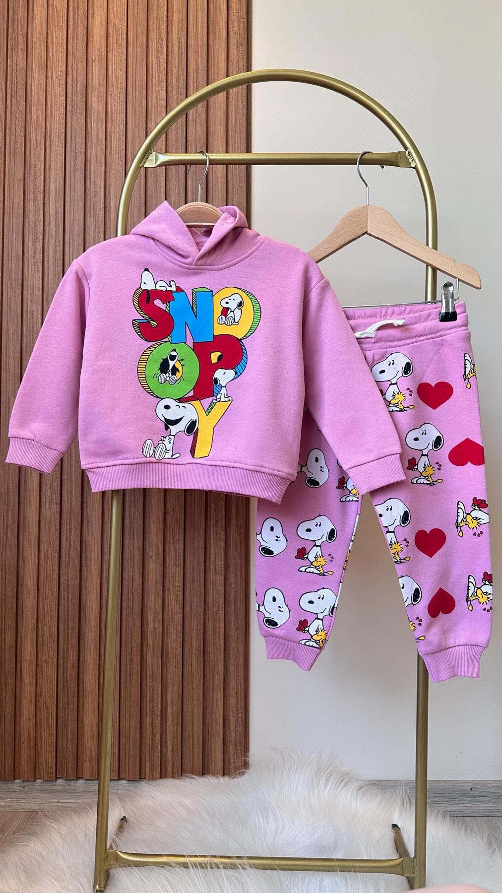 Snoopy Kapüşonlu Kız Çocuk Pamuklu İkili Takım Pembe (2-8 Yaş)
