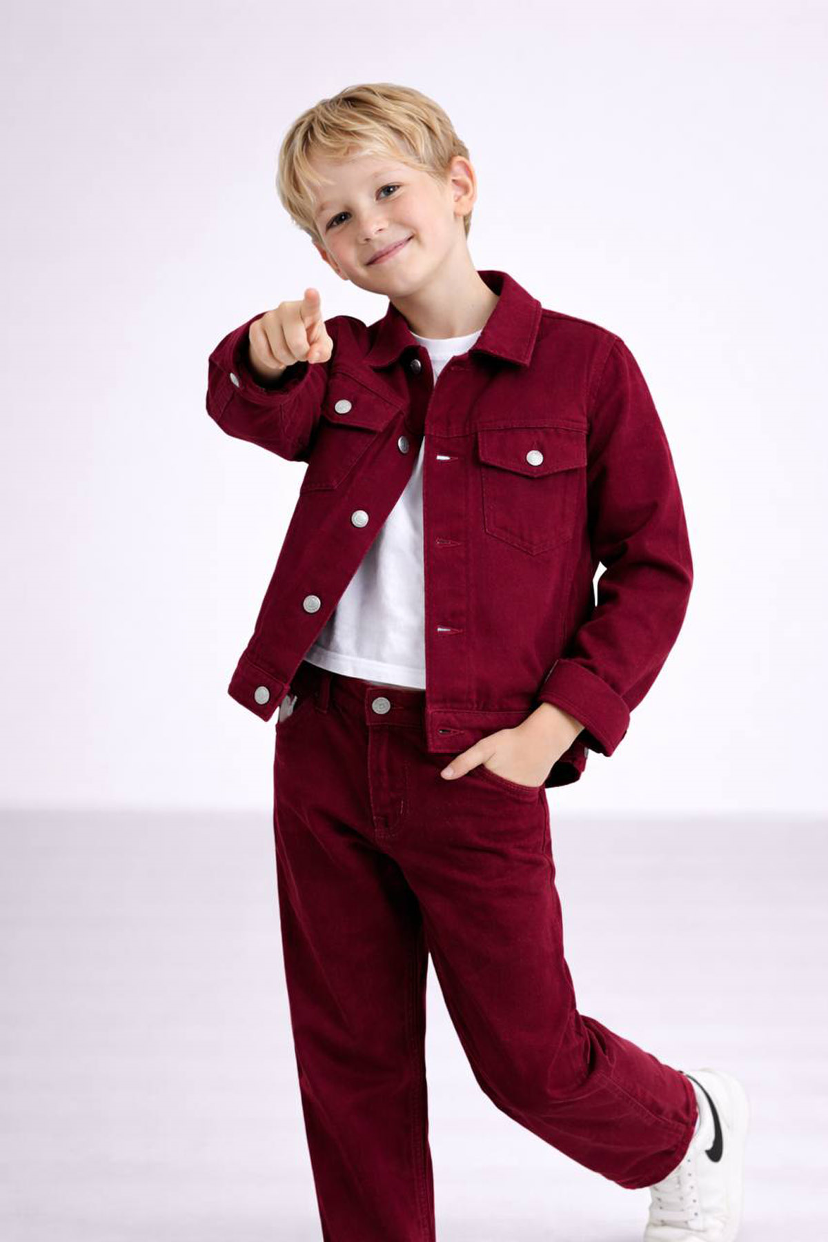 Unısex Denim İkili Takım Bordo (3-10 Yaş)