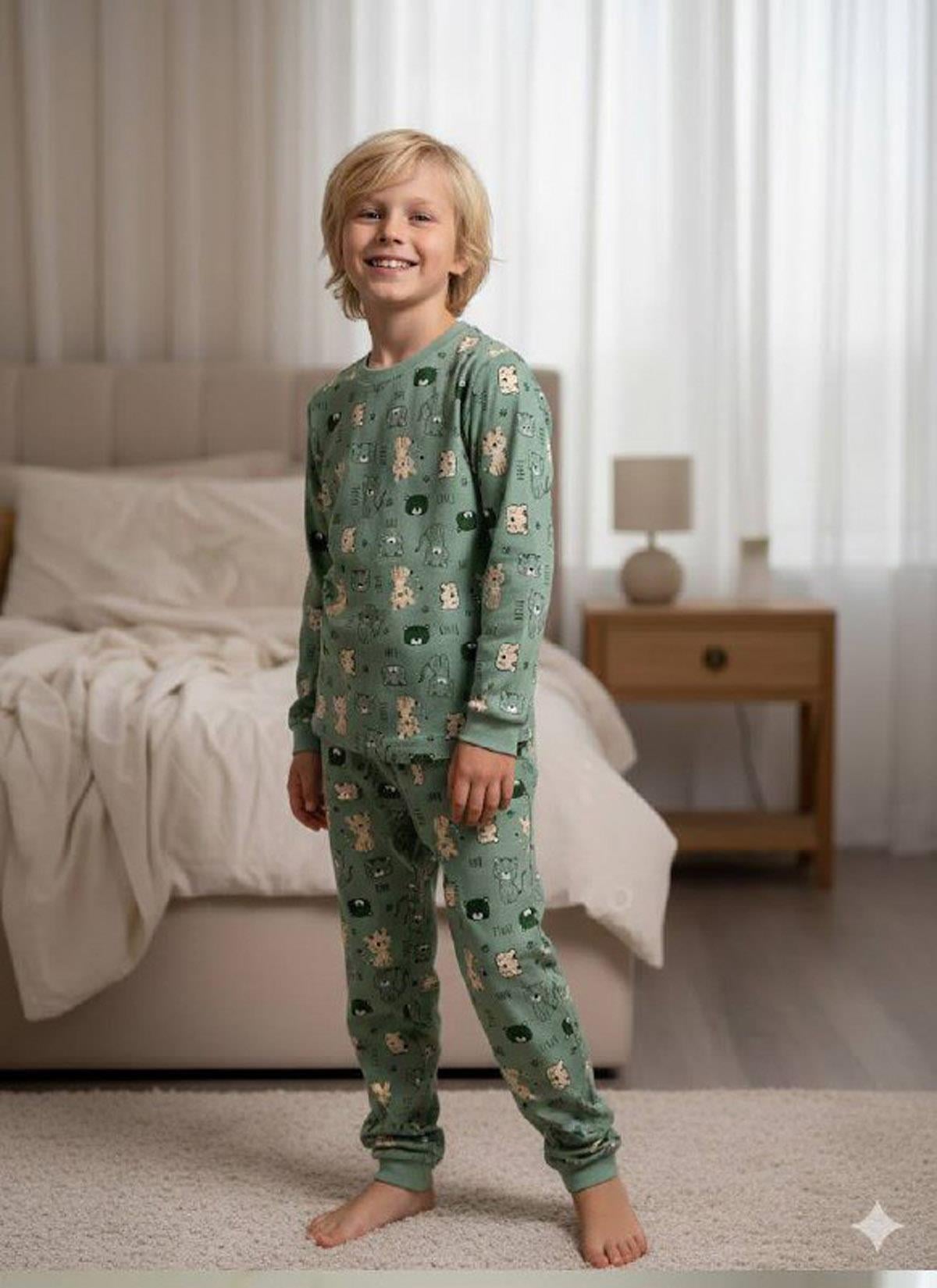 Unısex Pamuklu Pijama Takımı Yeşil (3-12 Yaş)