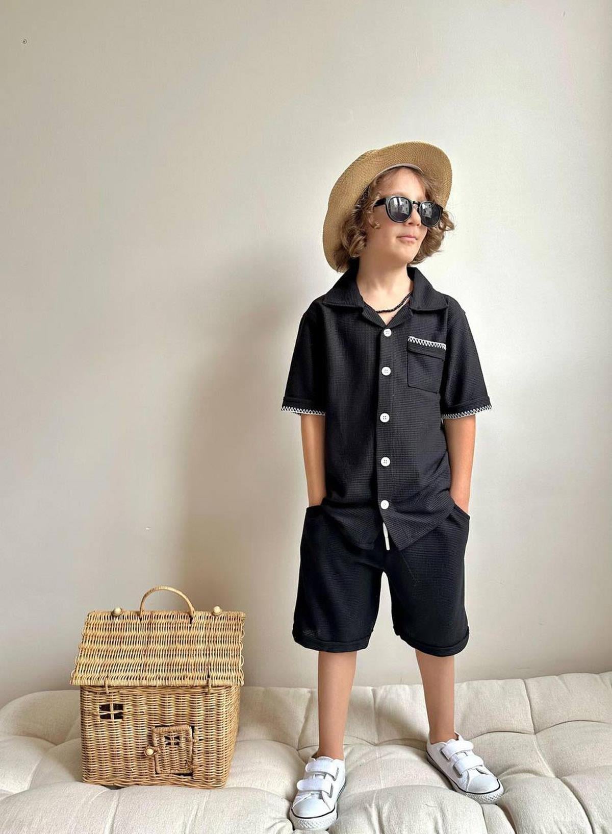 Waffle Kumaş Şortlu Takım Siyah(3-10 Yaş)