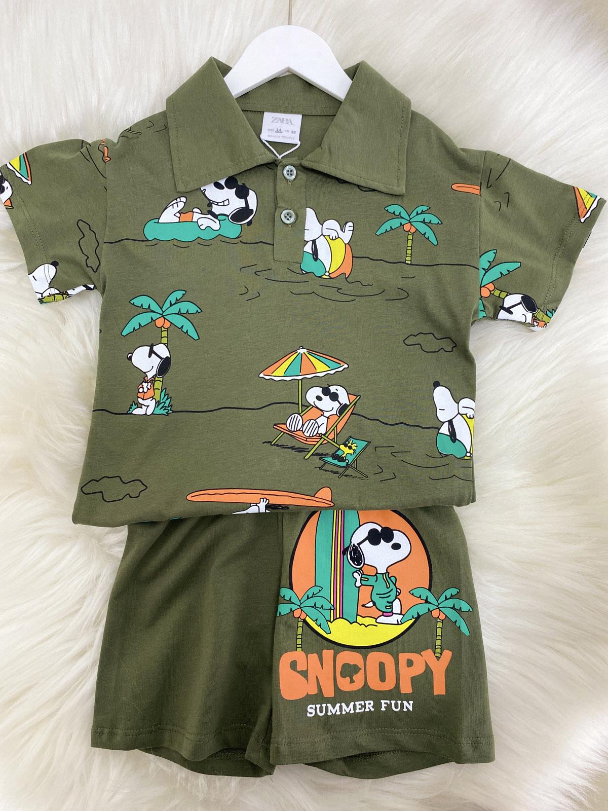 Yakalı Snoopy Şortlu Erkek Çocuk Pamuklu İkili Takım Haki (2-8 Yaş)