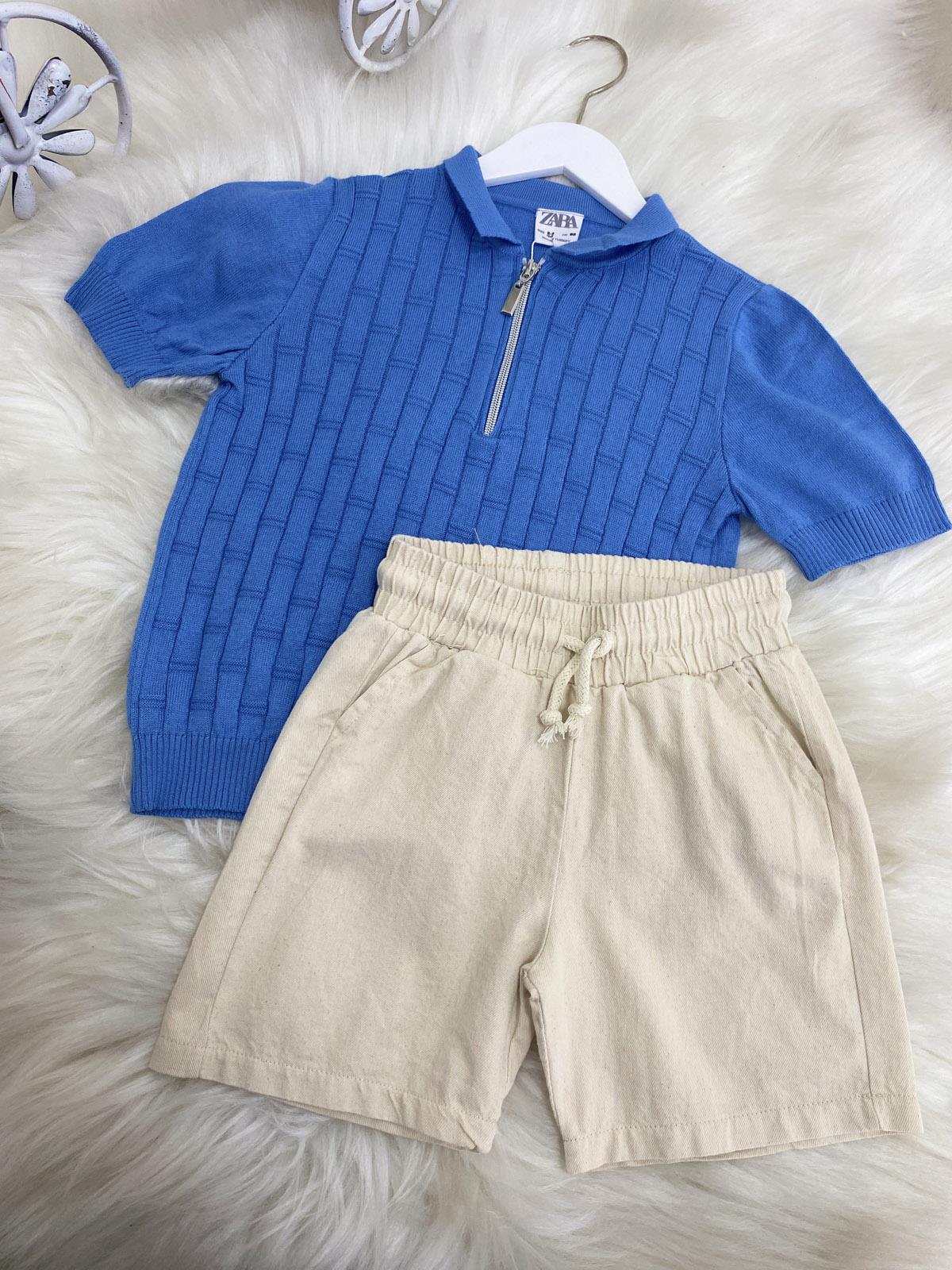 Yakalı Triko ve Şortlu Erkek Çocuk Pamuklu İkili Takım Mavi (2-8 Yaş)