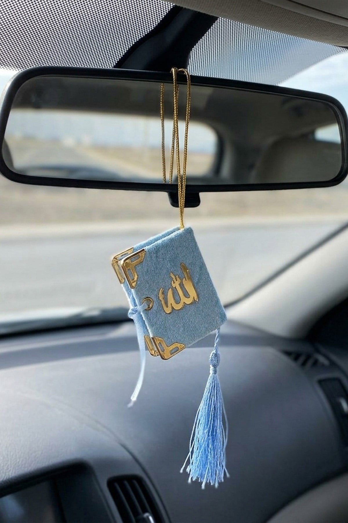 Açık Mavi Mini Kuran - Kadife Kaplı Allah Yazılı