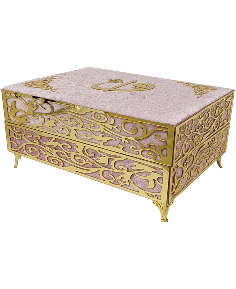 Babalar günü İçin Hediye Kadife Sandıklı Orta Boy Sırmalı Kuran Pembe